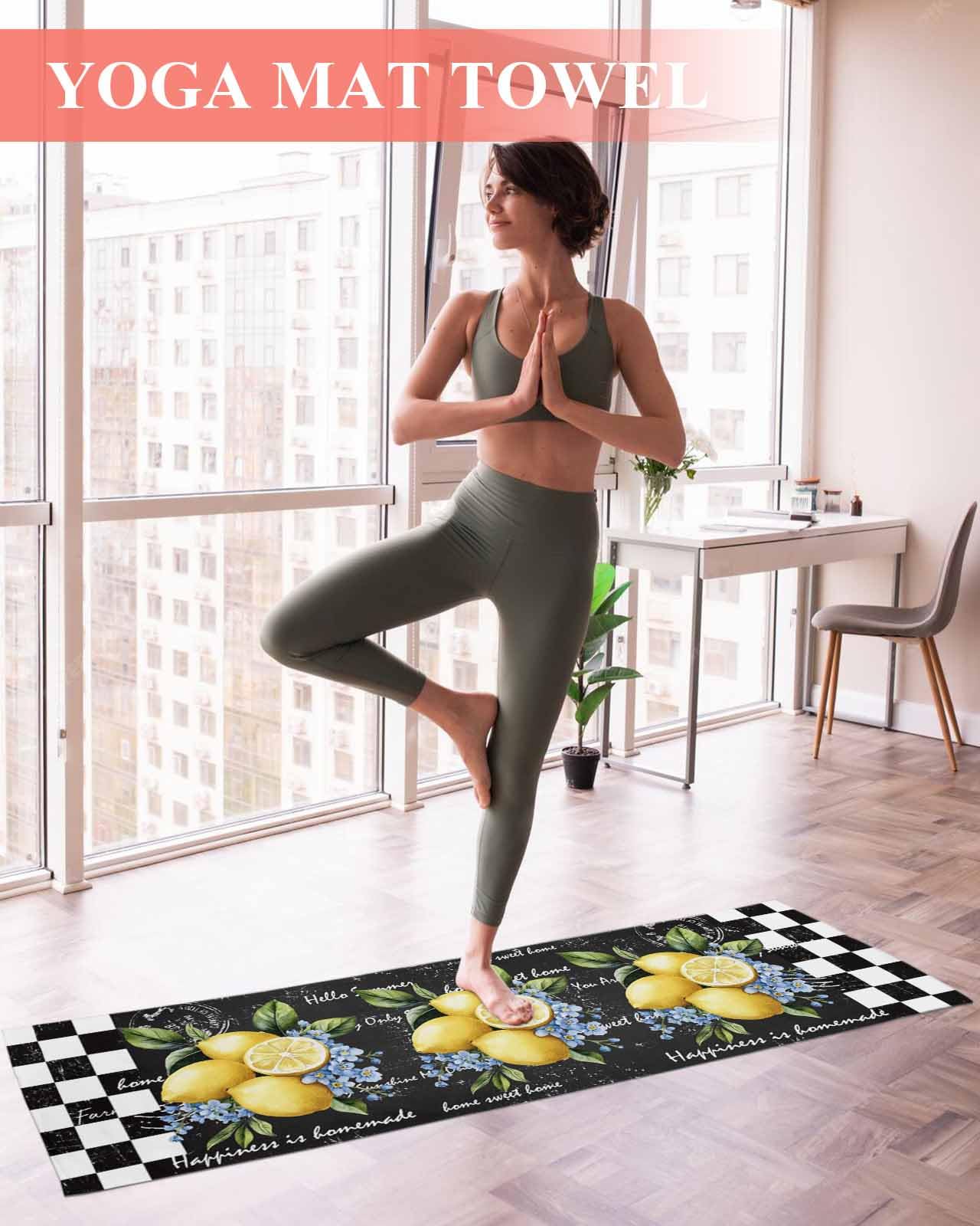 BOSIJOY Yoga Mat Towel,Summer Farm Lemon Fruit Flower Non Slip Sweat Absorbent Hot Yoga Towels with Corner Pockets,Retro Text Black Board Buffalo Soft Microfiber Towel for Pilates Bikram 70