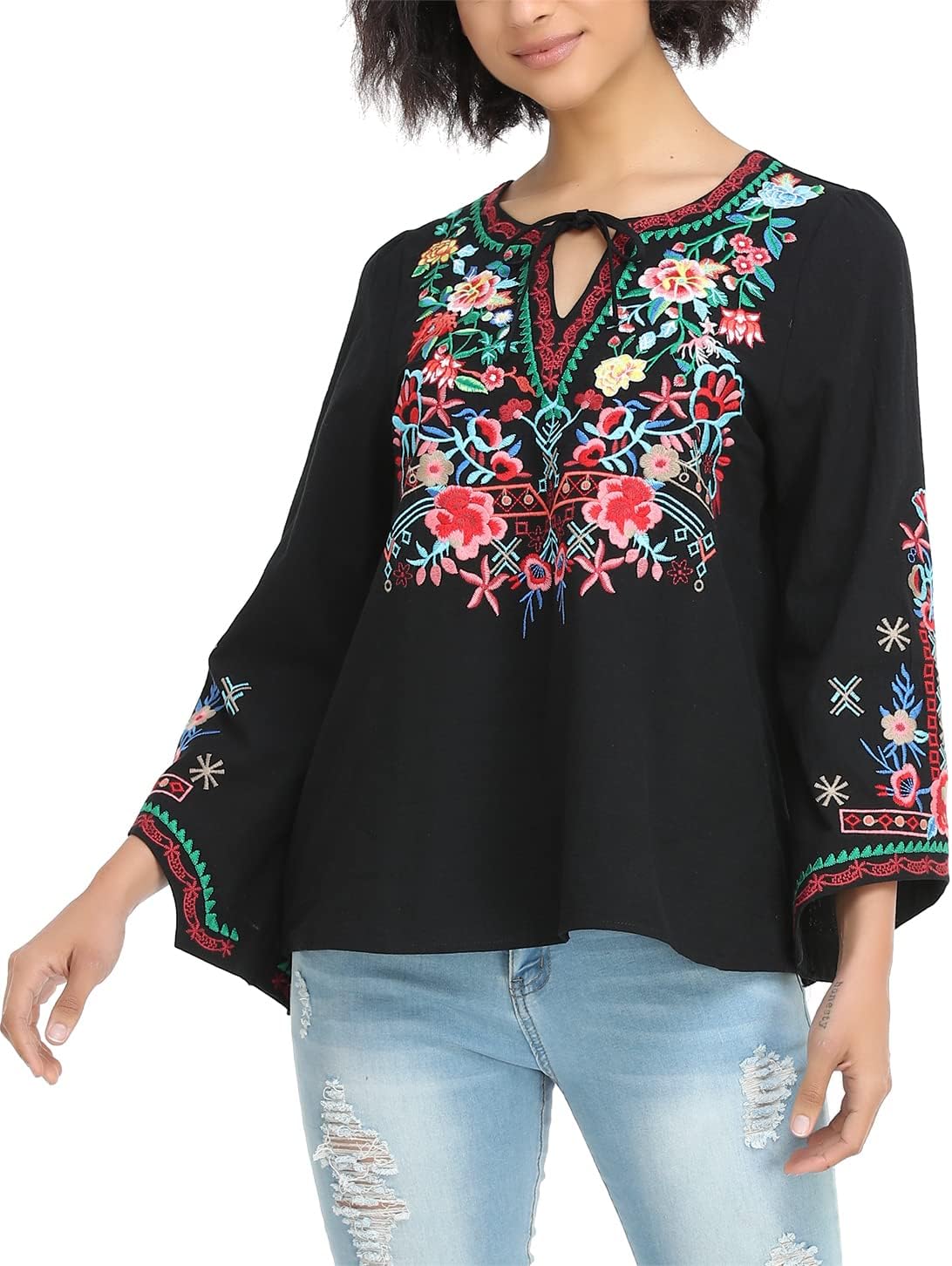 YZXDORWJ Women's Mexican Long Sleeve Blouse Embroidered Traditional V Neck Top Boho Tunic - Image 4