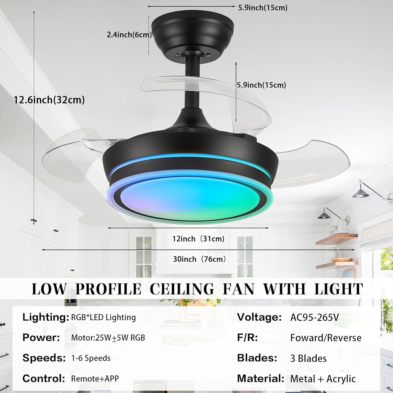 30" RGB Retractable Fandelier Ceiling Fan Dimmable Chandelier Ceiling Fans with Lights and Remote APP Control for Living Dinning Room Bedroom Black