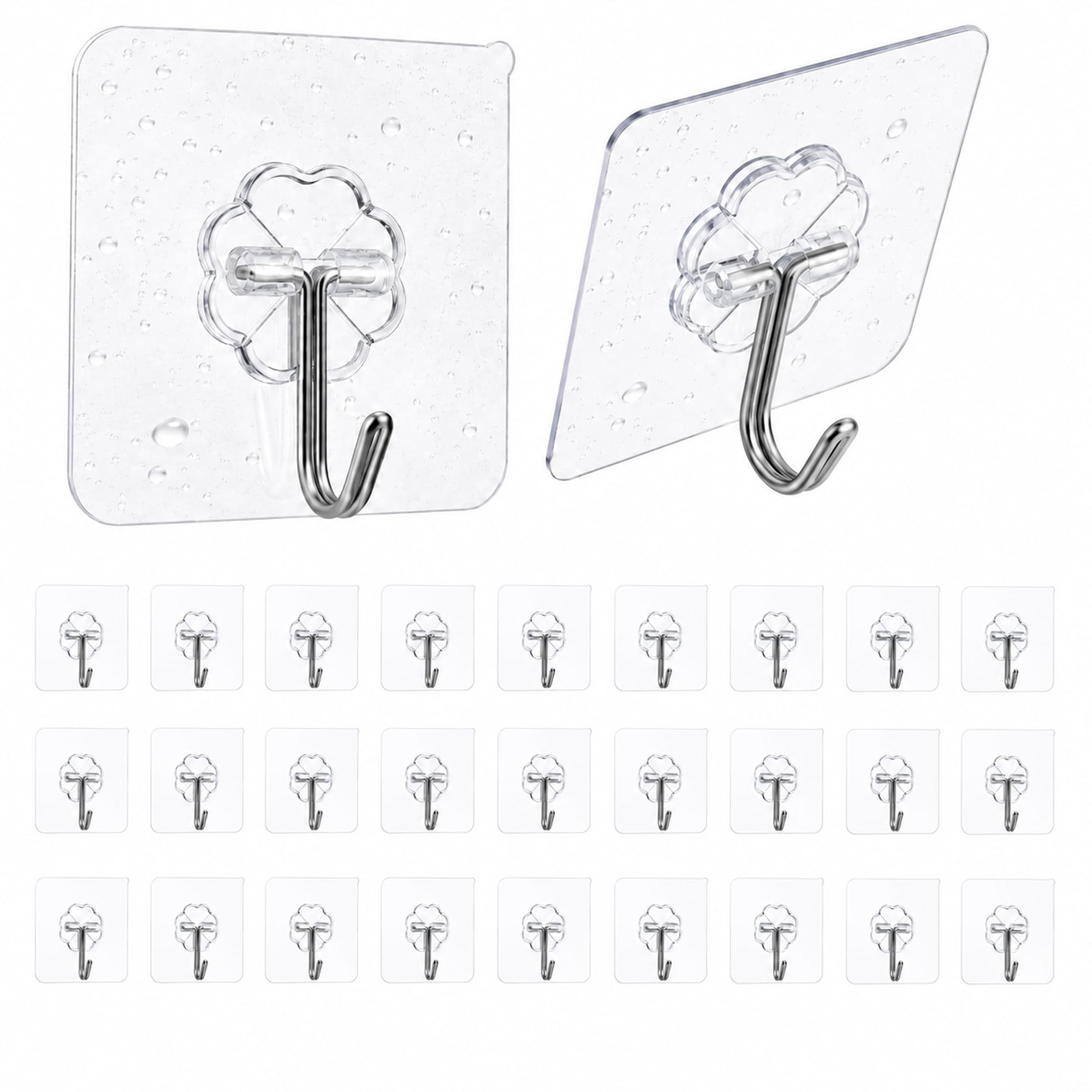 EOSWRU Klebehaken Transparent, 30 Stück Klebehaken Extra Stark, Selbstklebend Haken ohne Bohren, bis zu 10 kg, wasserdicht & ölfest, Wandhaken für Küche Bad Fliesen