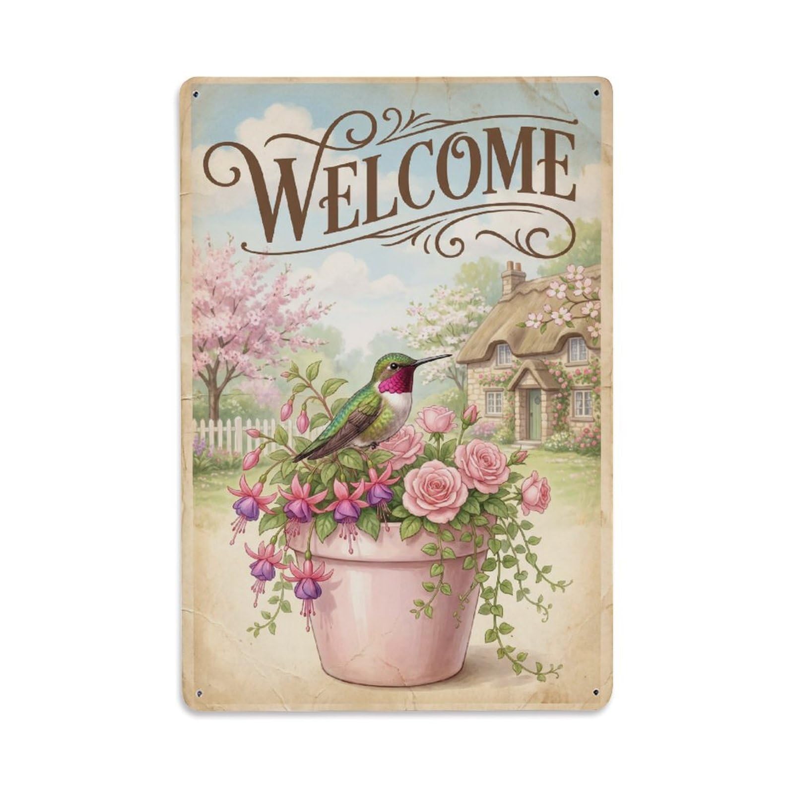 Cxhjca 8X12inch(20X30cm) Vintage Welcome Hummingbird Sweet Summer Metal Tin Sign