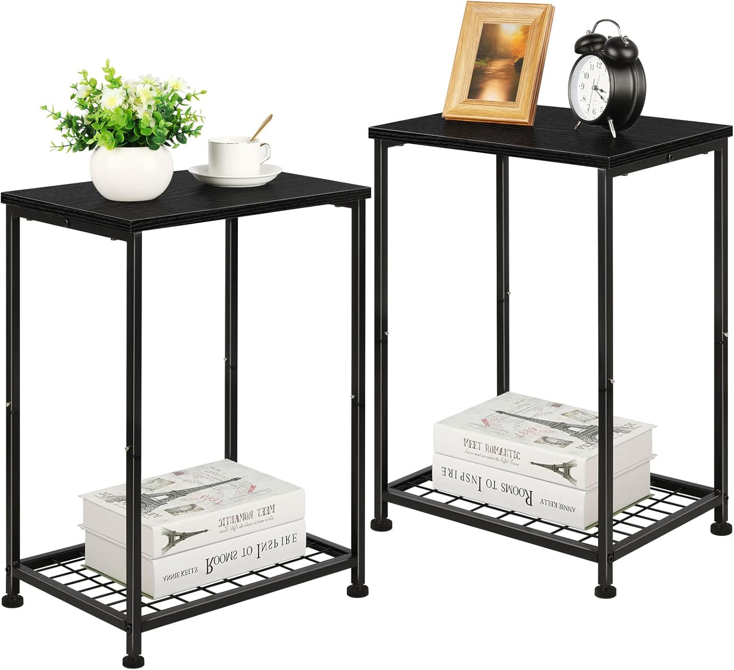 Nightstand Black Set of 2, Modern Side End Table, 2 Tier Small Bedside