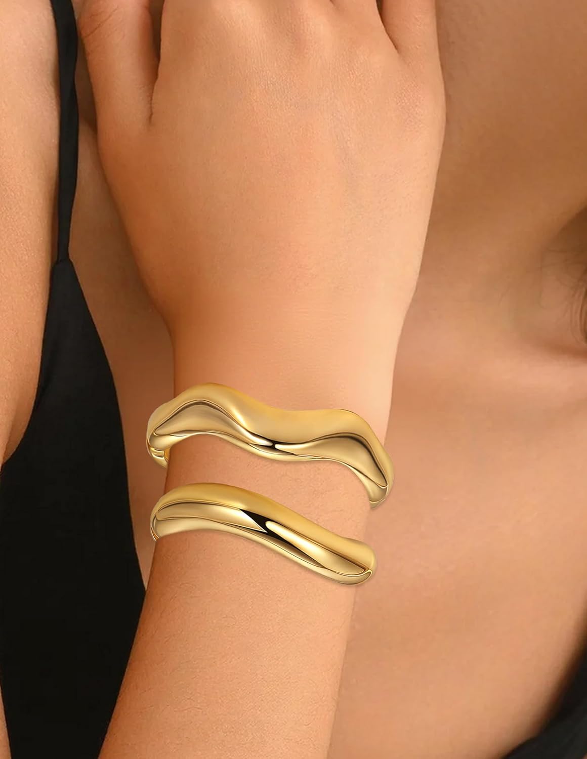 2Pcs Gold Bangle Bracelets for Women 14K Gold Plated Wide Chunky Cuff Bracelets Trendy Minimalist Open Hinged Irregular Stack Bracelet Jewelry Gifts - Image 5