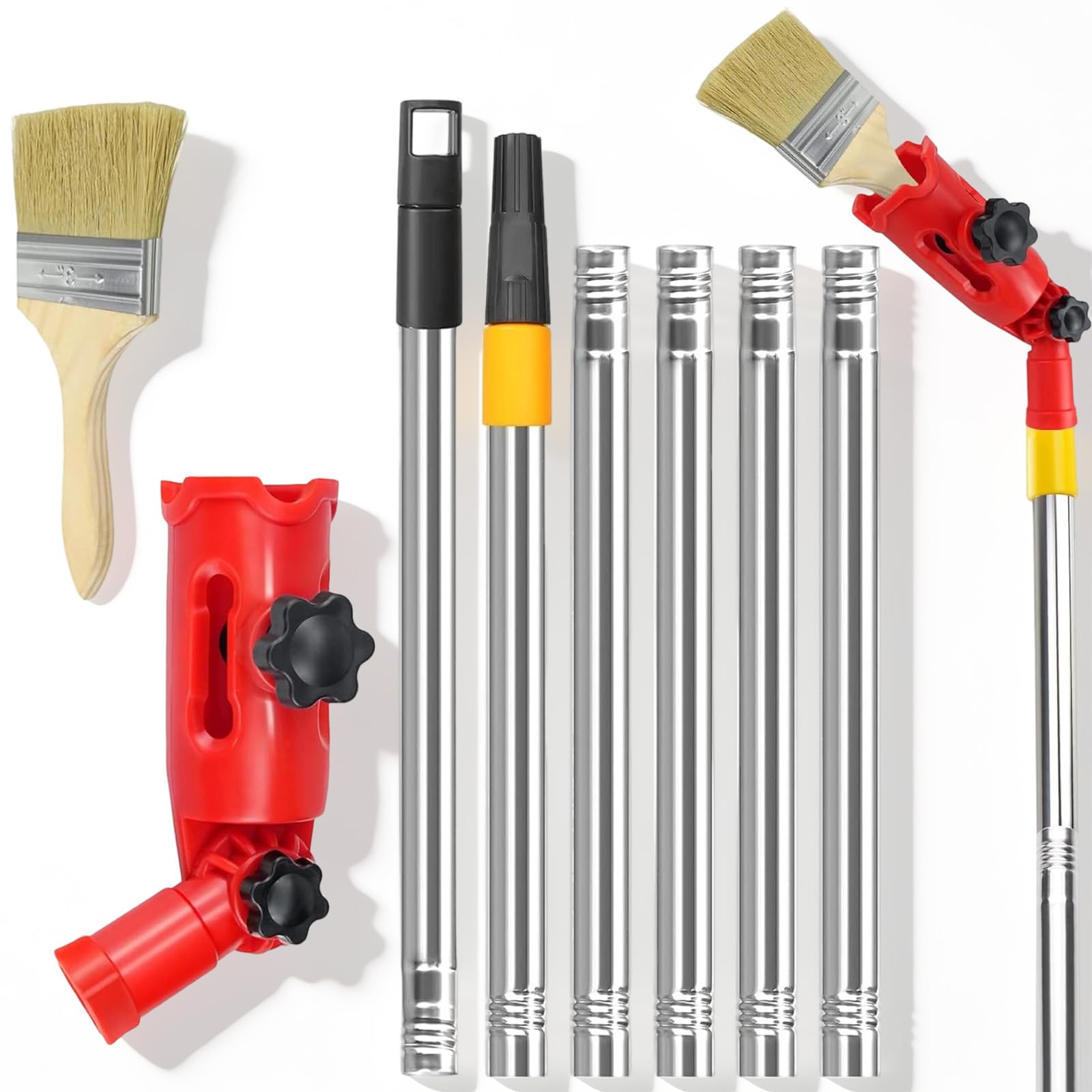 Multi-Angle Paint Brush Extender Holder, Paint Roller Extension Pole Attachments with 180° Adjustable Angle, Universal Extendable Tool for High Ceiling fits Most Rollers, Scrapers (Red)