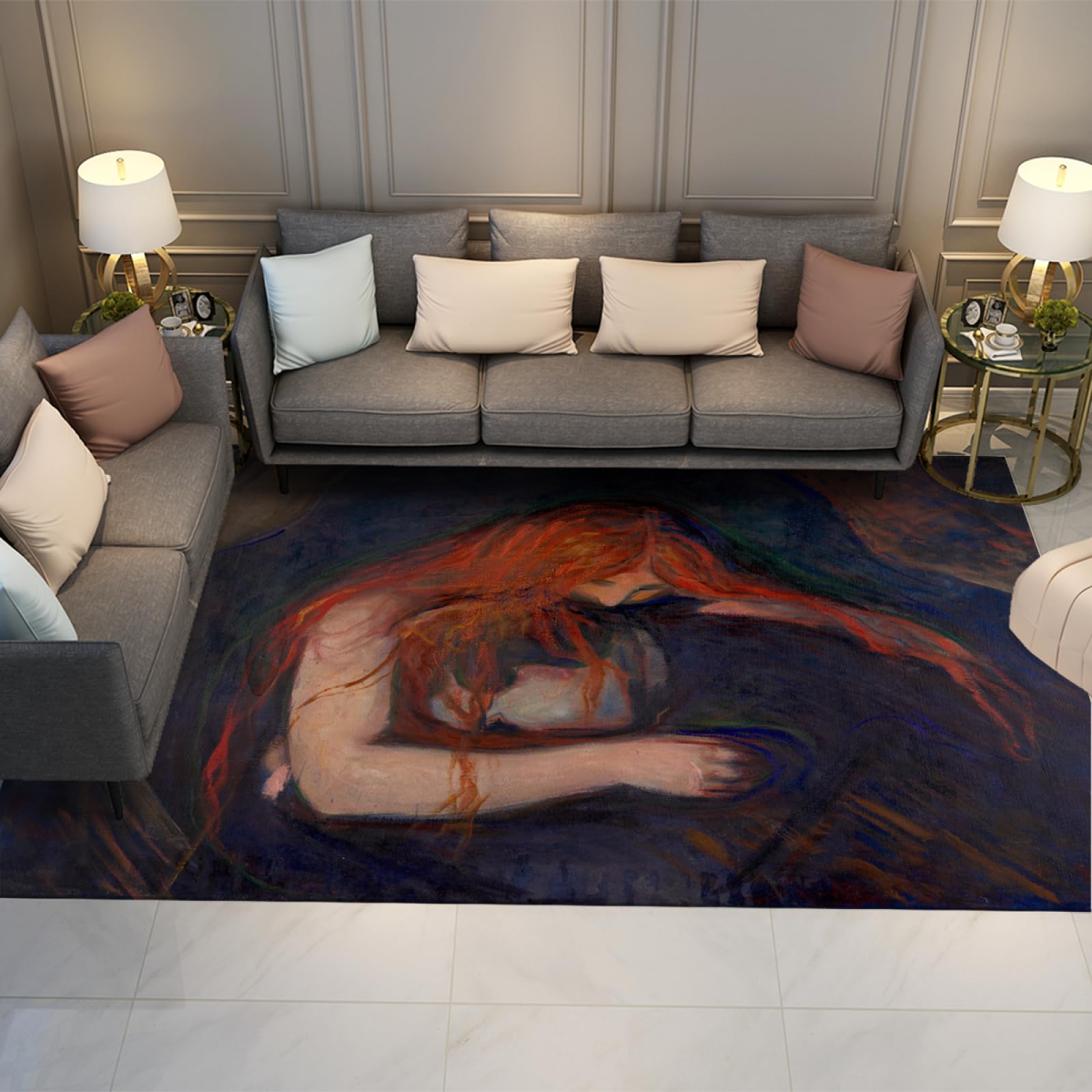 Tapis expressionniste 120x180cm avec illustrations historiques et support antidérapant pour salon