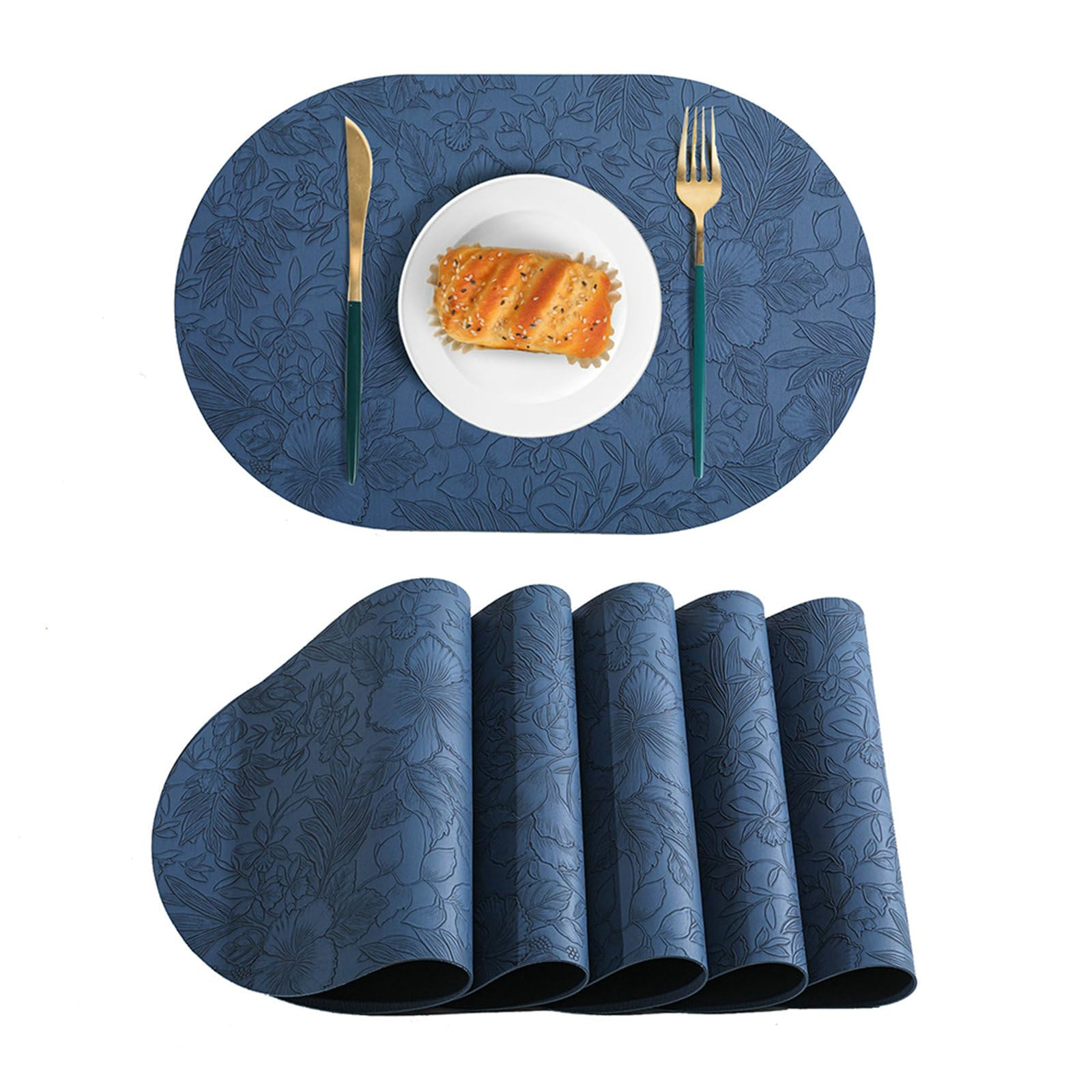 Daesar Tischsets Abwaschbar Oval 30x43CM, Platzdeckchen 8er Set Dunkelblau mit Muster Blumen Wasserdicht Modern Platzsets Leder rutschfest für Holztisch Esstisch Gartentisch