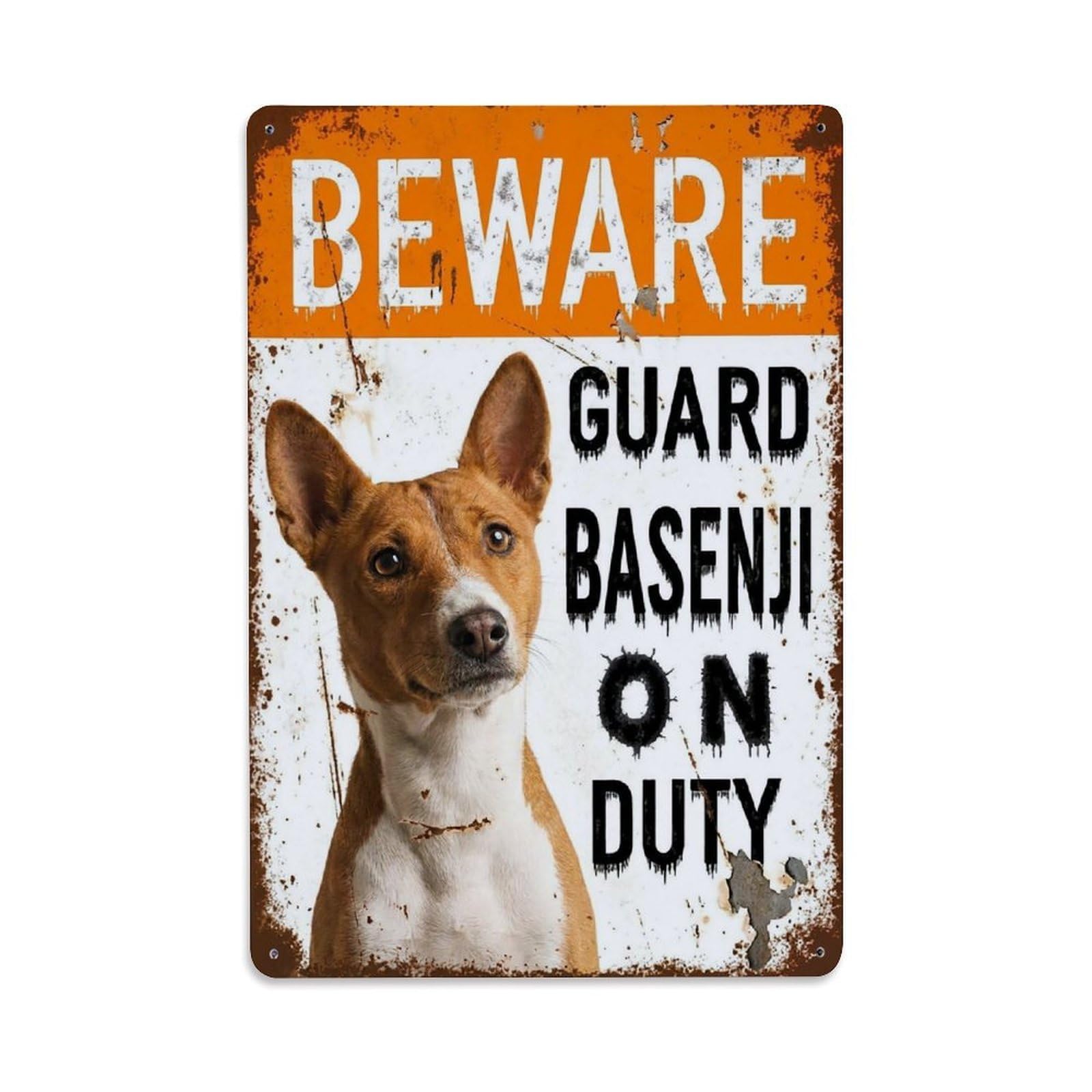 Vintage Funny Basenji Guard Beware of Dog Passage Metal Tin Sign Plaque Wall Decor for Cafe, Club Bar, Office, Garden Metal Poster 8x12Inch