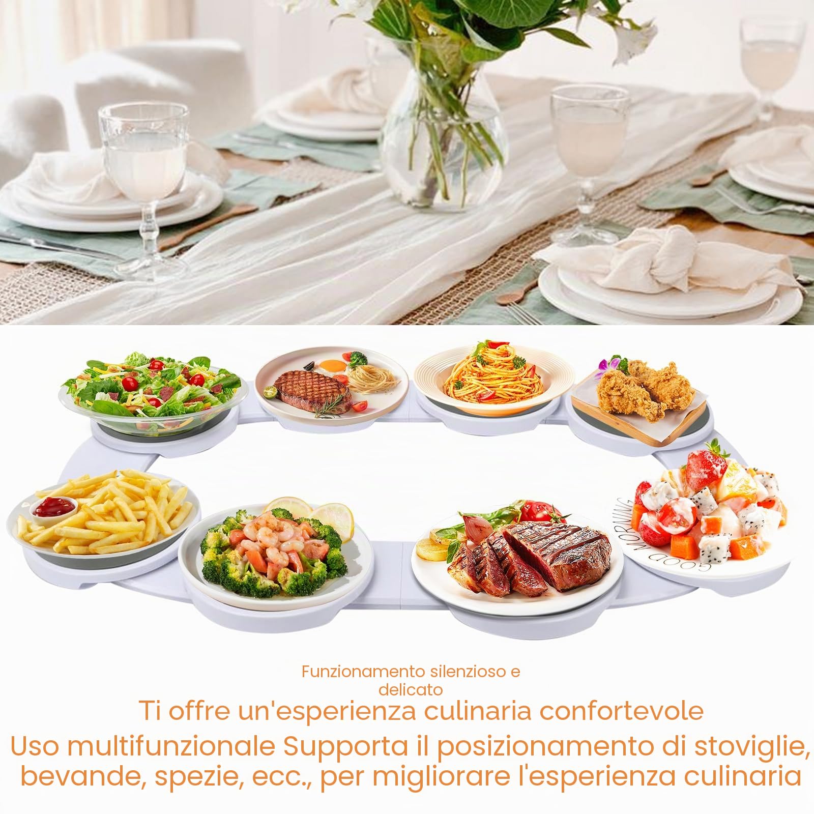 Vassoio girevole per tavolo da pranzo, piatto da portata girevole a 360°, per 8 vassoi Lazy Susan, piatto girevole per tavoli lunghi, tavolo buffet, girevole multifunzione per pasti in famiglia e