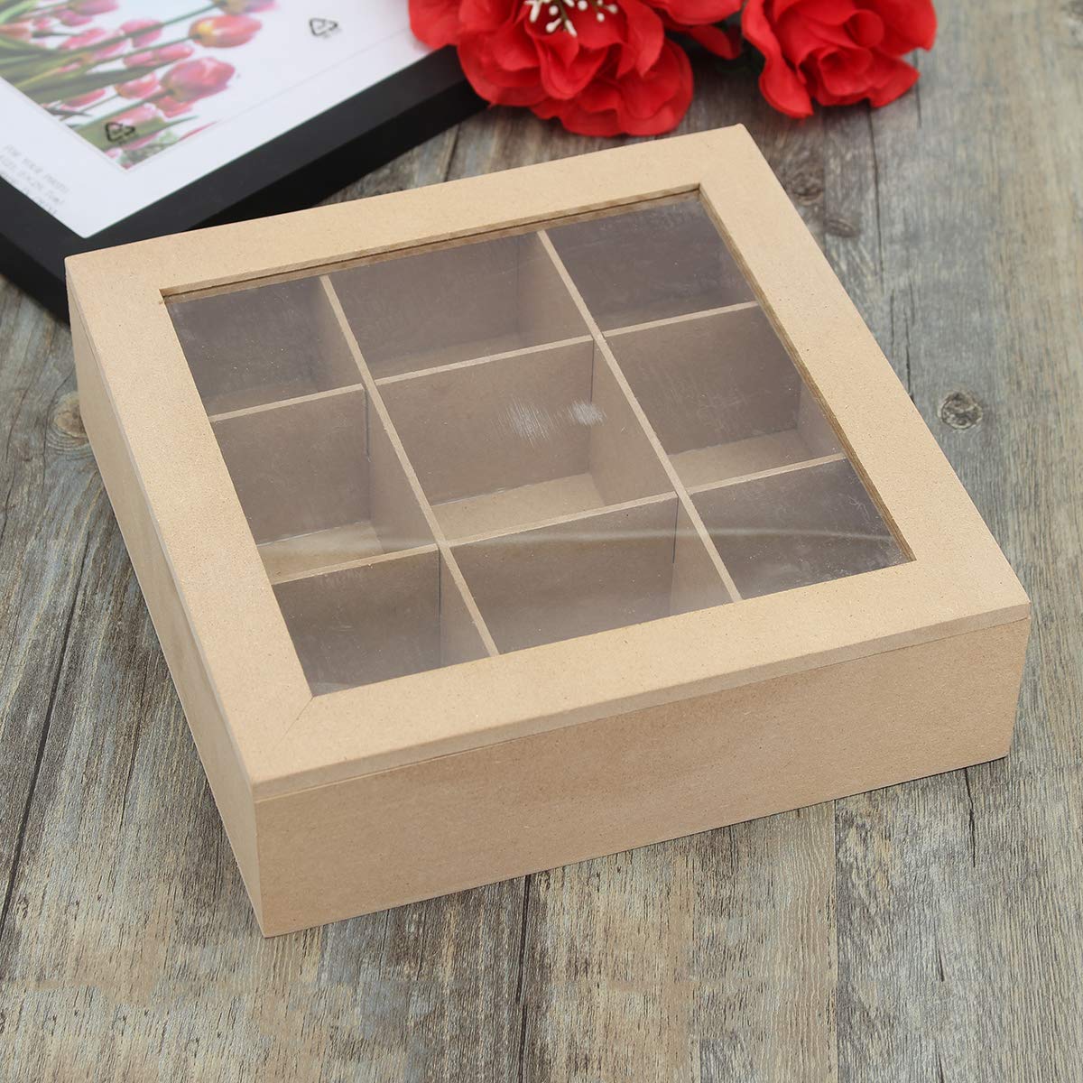 9 Compartiments Boîte À Thé En Bois Boîte À Épices Boîte À Charnière Couvercle En Verre Cuisine Cuisine