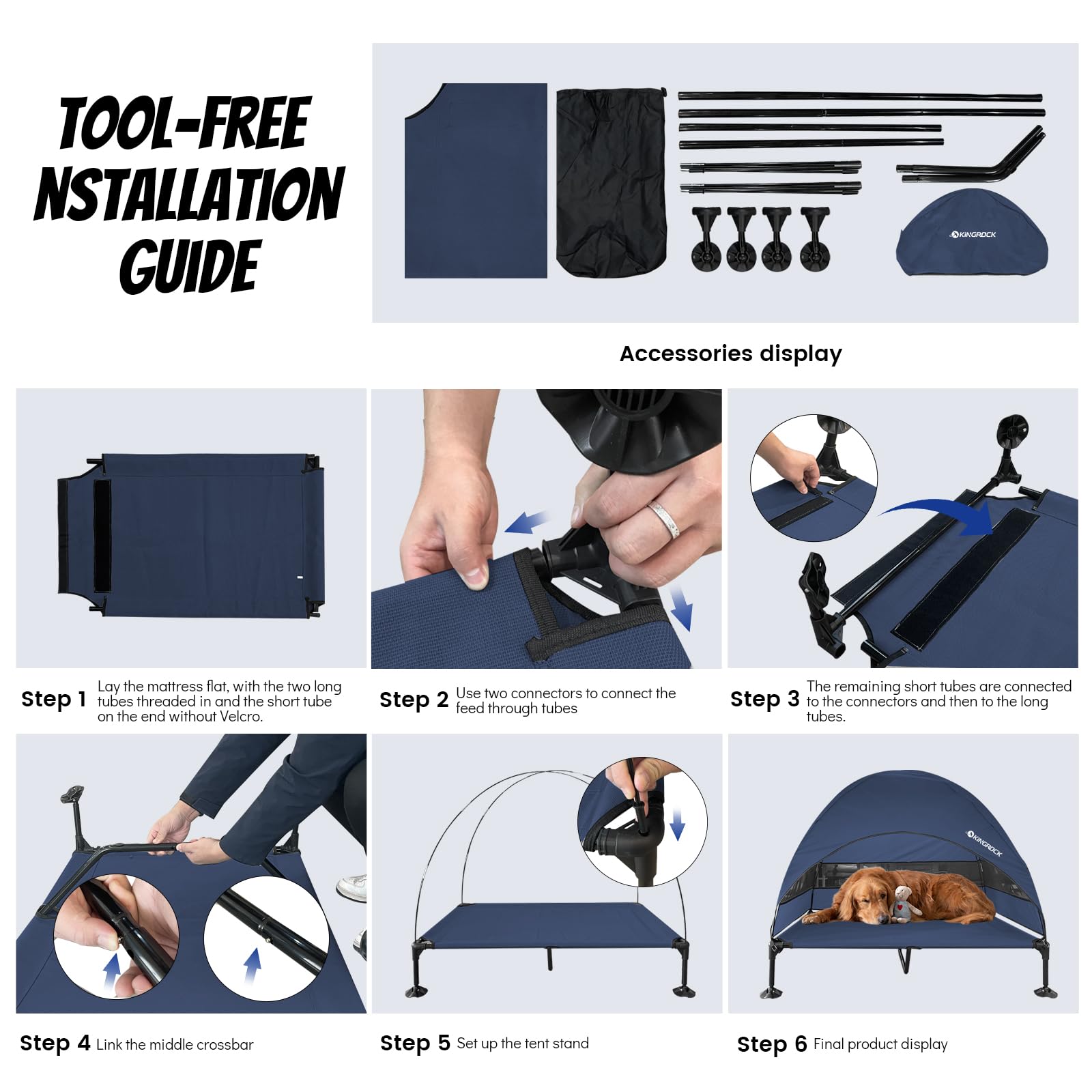 KINGROCK Elevated Dog Bed with Removable Canopy Portable Outdoor Pet Cot Waterproof 600D Oxford Fabric Anti Slip Feet for Large Dogs Camping Beach Indoor and Outdoor Use - image 4