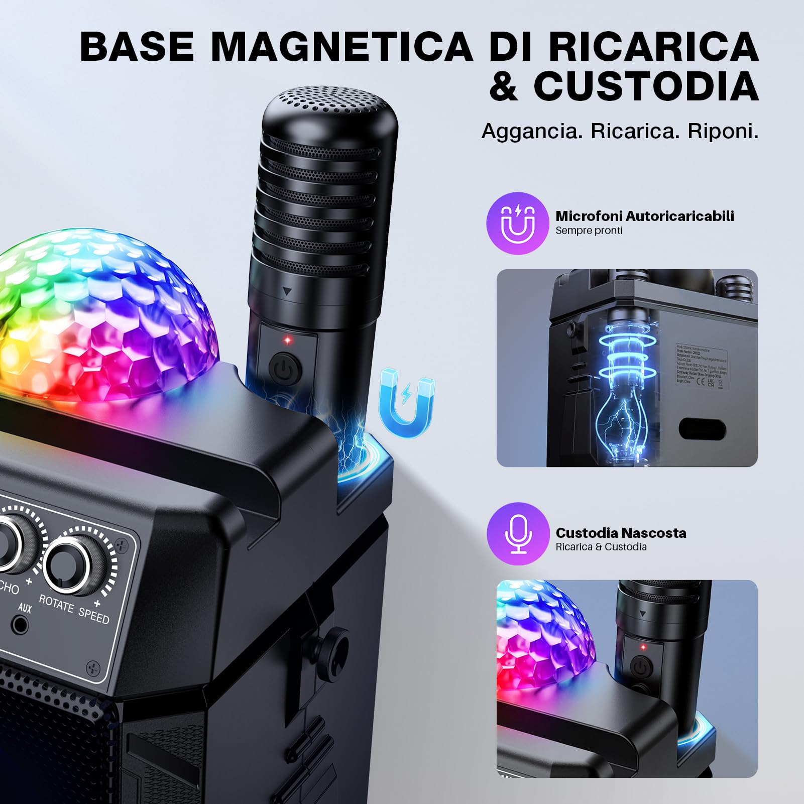 Karaoke con Microfono,Bluetooth con 2 Microfoni per Adulti e Bambini, Sfera da Discoteca Regolabile,Ricarica Magnetica dei Microfoni,Supporta TV/Smartphone/AUX/USB Per Party, Casa, Compleanni, Viaggio