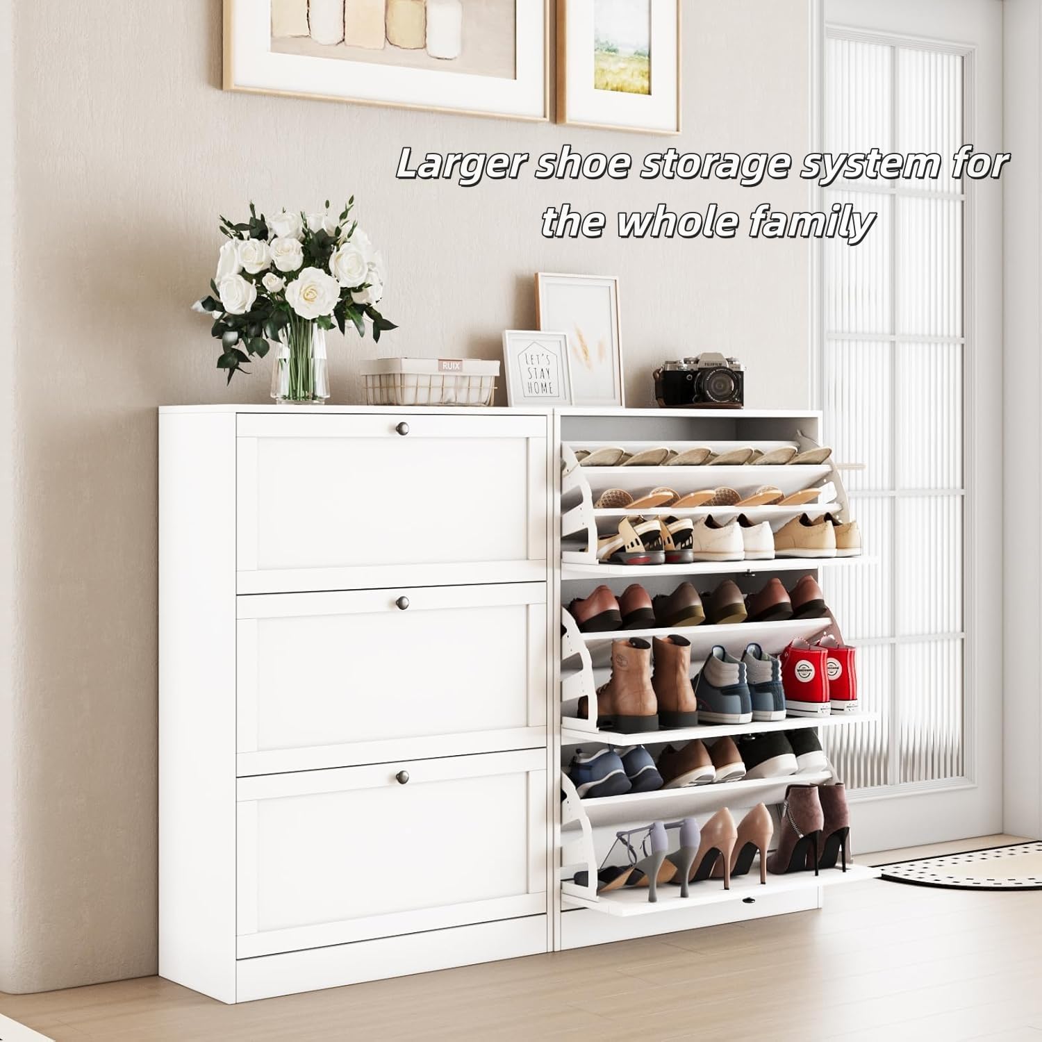 VOWNER Zapatero Estrecho, 3 Puertas, Entrada Recibidor, 80 x 30 x 117 cm (Largo x Ancho x Alto), Zapatero Madera, para Entrada Estrecha, Pasillo (Blanc)