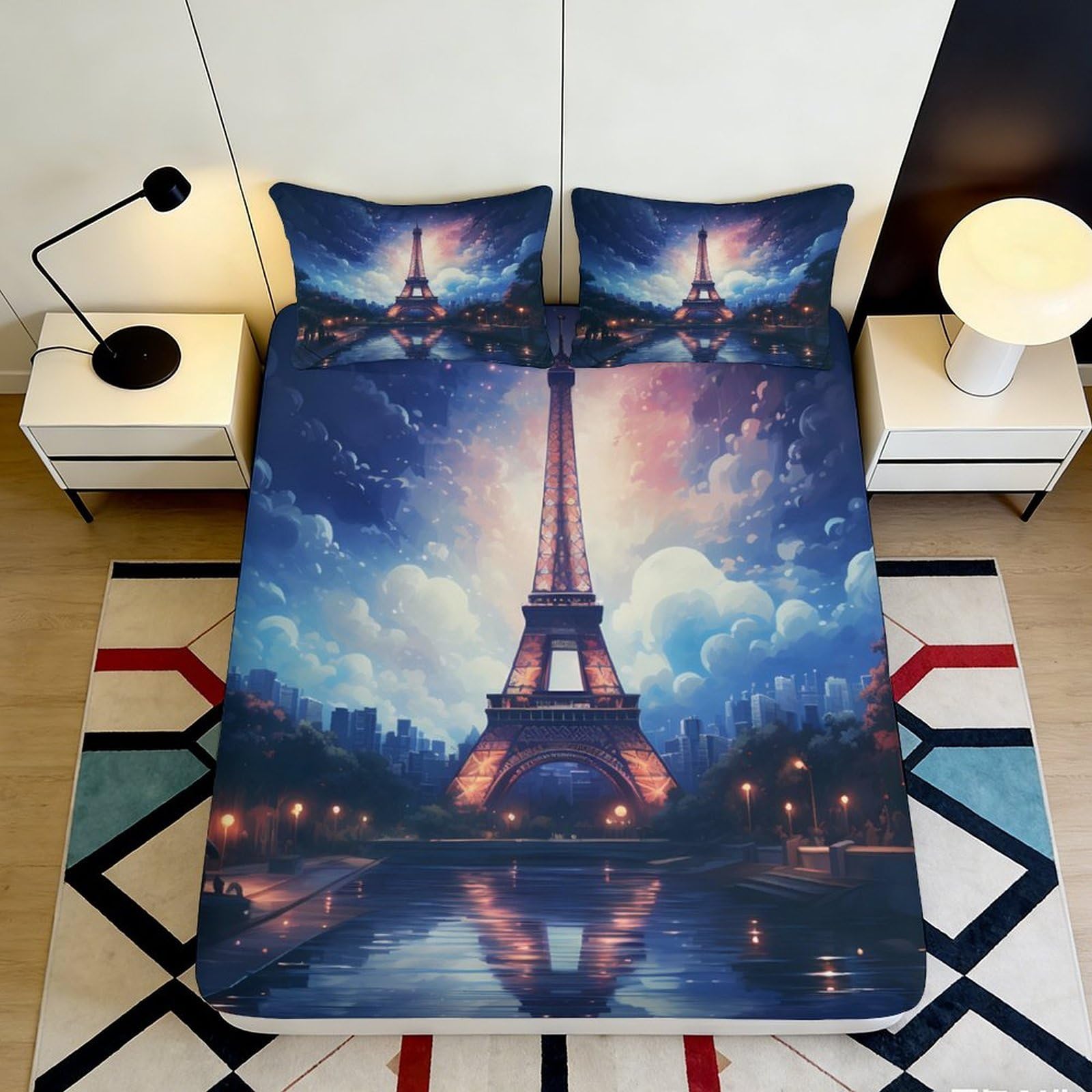 3D Printed Eiffel Tower Night View Fitted Sheet Microfiber Soft Decorative Paris Mattress Cover for Bedroom Guest Room 90x200x25cm