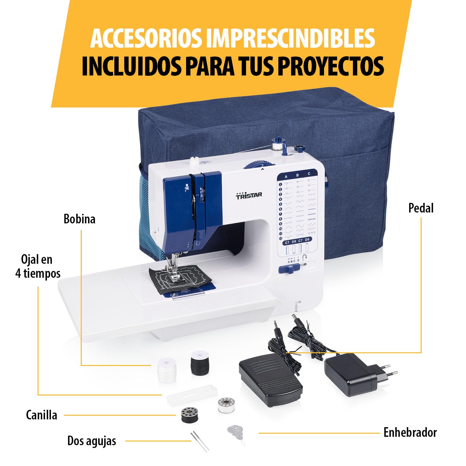 Tristar Máquina de Coser con 38 Puntadas, Mesa Extensible, Brazo Libre, Luz LED, Enhebrador Automático, Cortahilos, Control de Velocidad, Fácil de Usar, SM-6005