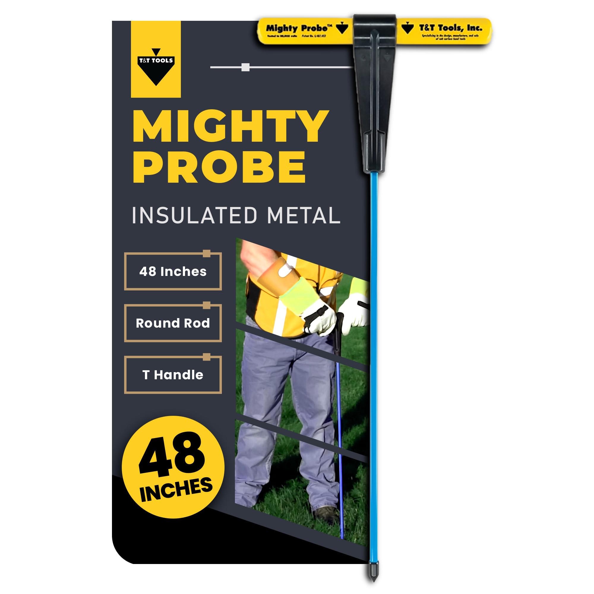 T&T Tools 48-Inch Mighty Probe Insulated Metal Soil Probe – 3/8" Metal Round Rod, Heavy Duty Design for Easy Penetration & Withdrawal, Soil Testing & Landscaping Tools, T-Handle, USA-Made-1 Pack