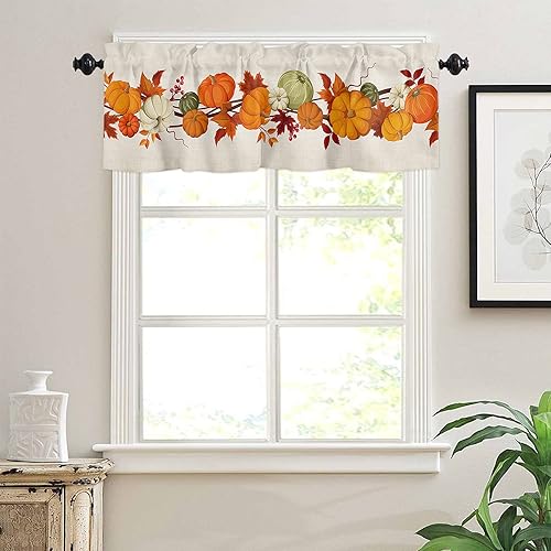 Miniatura 4 de Cenefa de cortina para decoración de ventana, bolsillo para barra, cortinas cortas para granja, otoño, calabazas, vides y hojas, cortinas de