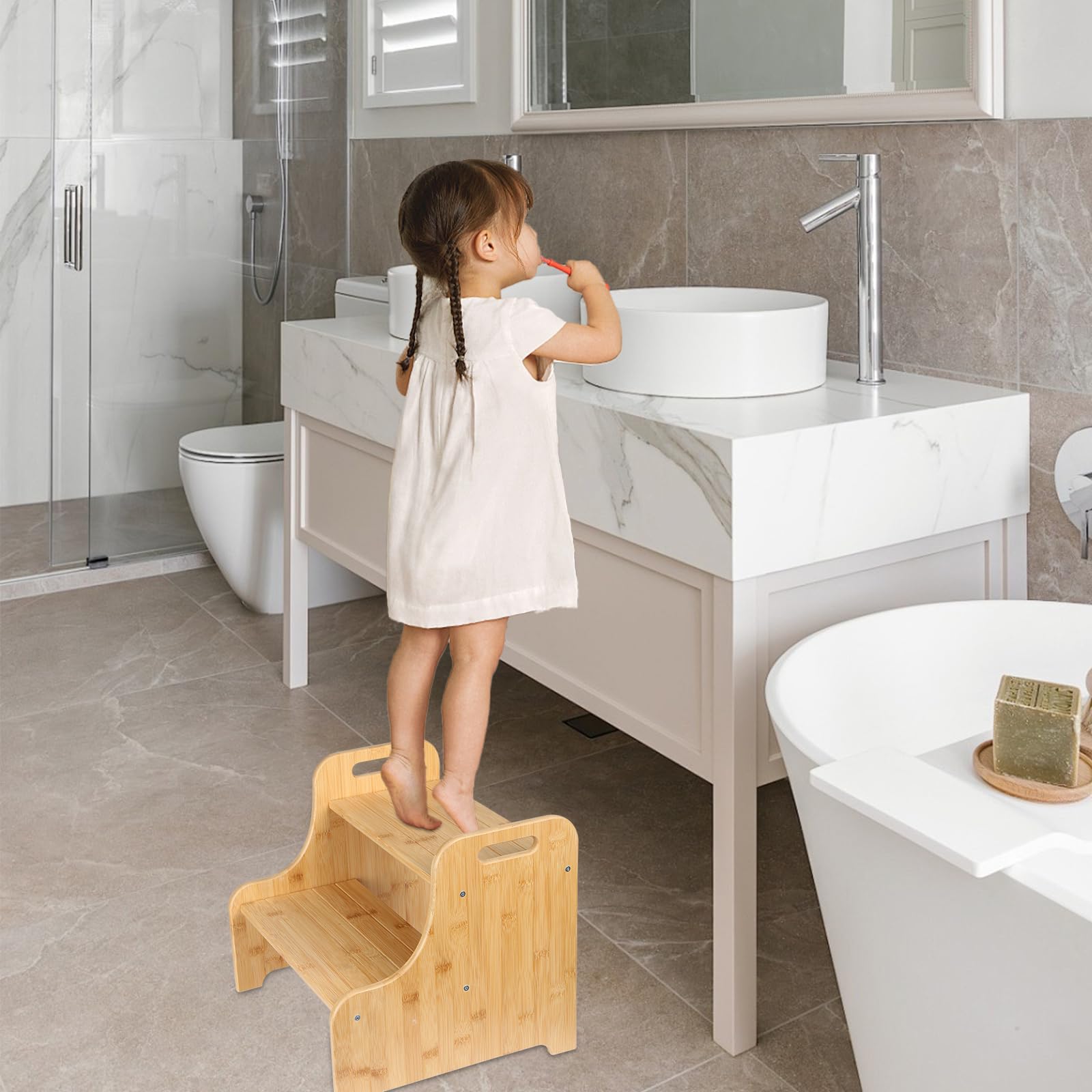 Sgabello per bambini, antiscivolo e robusto, adatto per bagno, cucina e camera da letto, 38,2 x 34 x 33,2 cm