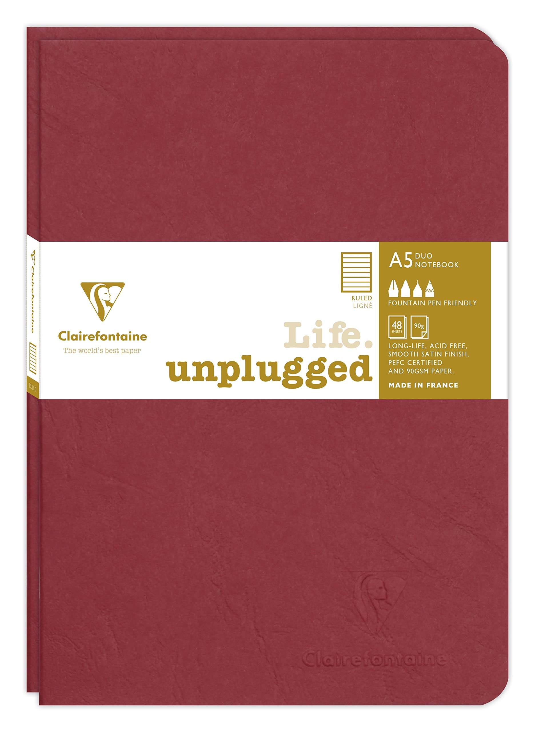 Clairefontaine 733172C Collection Age Bag Set of 2 Red Duo Stapled Notebooks, A5 15.8x21 cm, 96 Lined Pages, 90 g White Paper