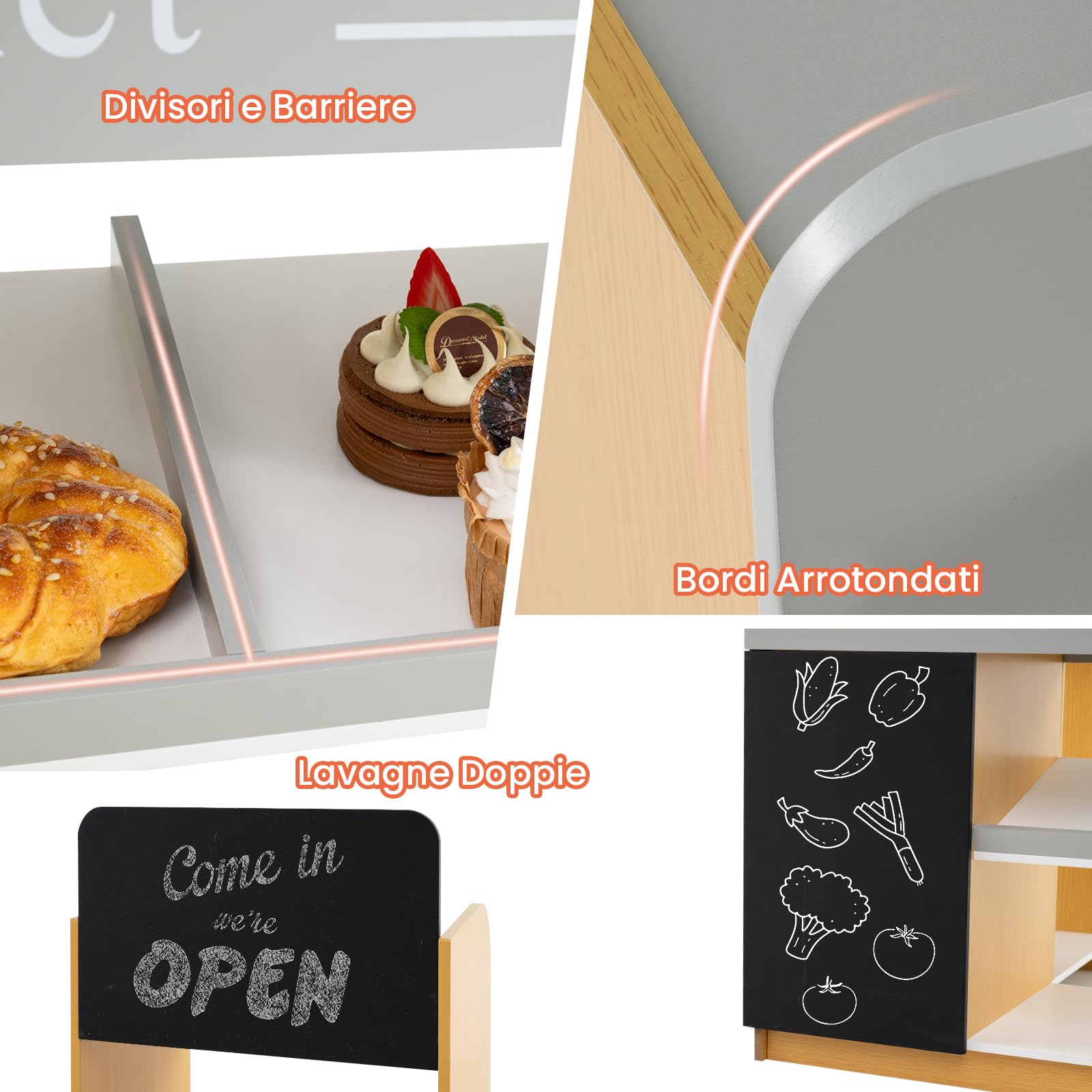 GYMAX Negozio di Alimentari per Bambini, Gioco di Ruolo con Carrello della Spesa, Registratore di Cassa, Scanner, Lavagne, Set da Gioco Supermercato in Legno, Regalo Perfetto per Bambini 3+ Anni