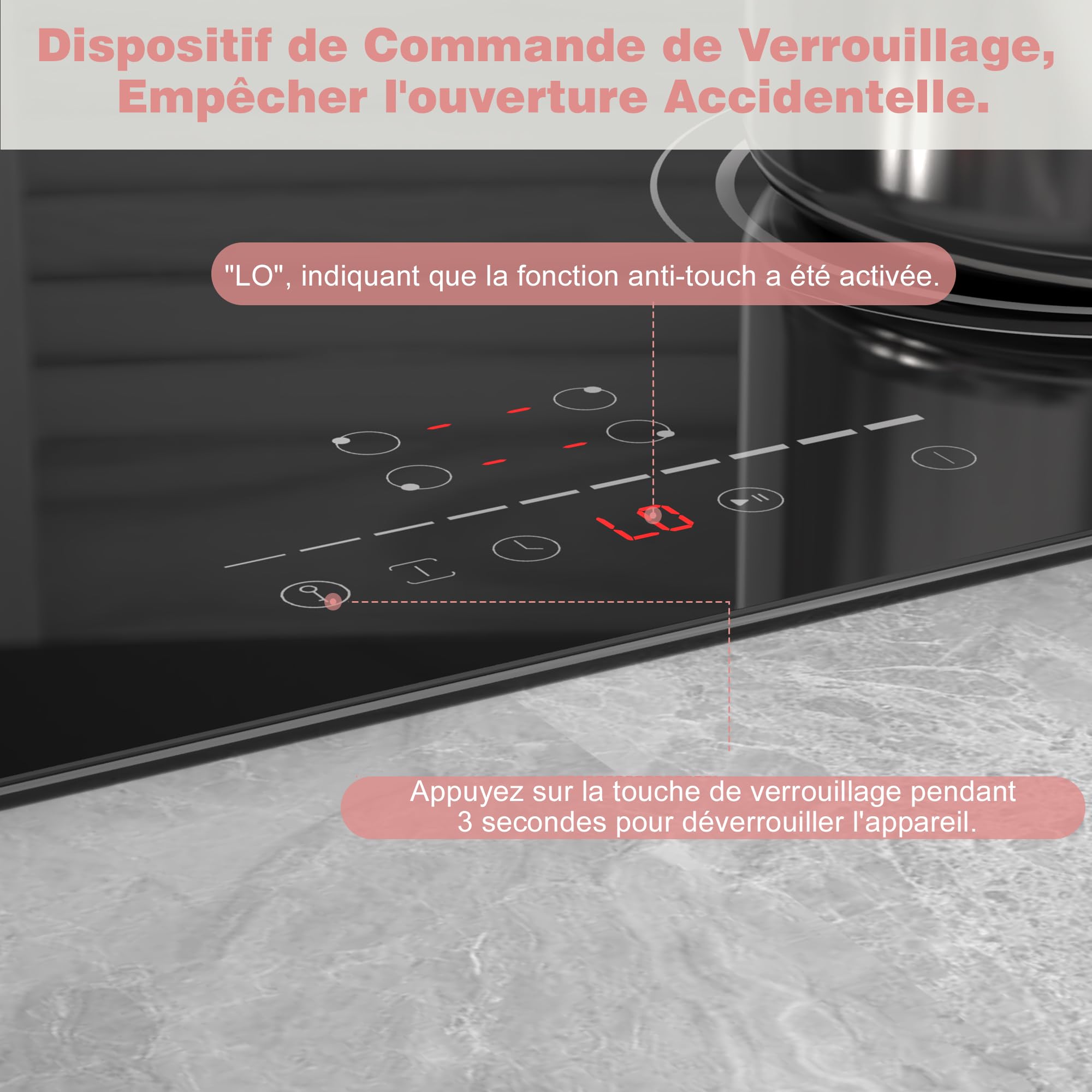 Plaque Induction 4 Feux avec Zone Flexible | Encastrable 60cm, 6400W, Curseur Tactile, Fonction Pause, 9 Niveaux, Minuterie, Verrou de Sécurité, 220V