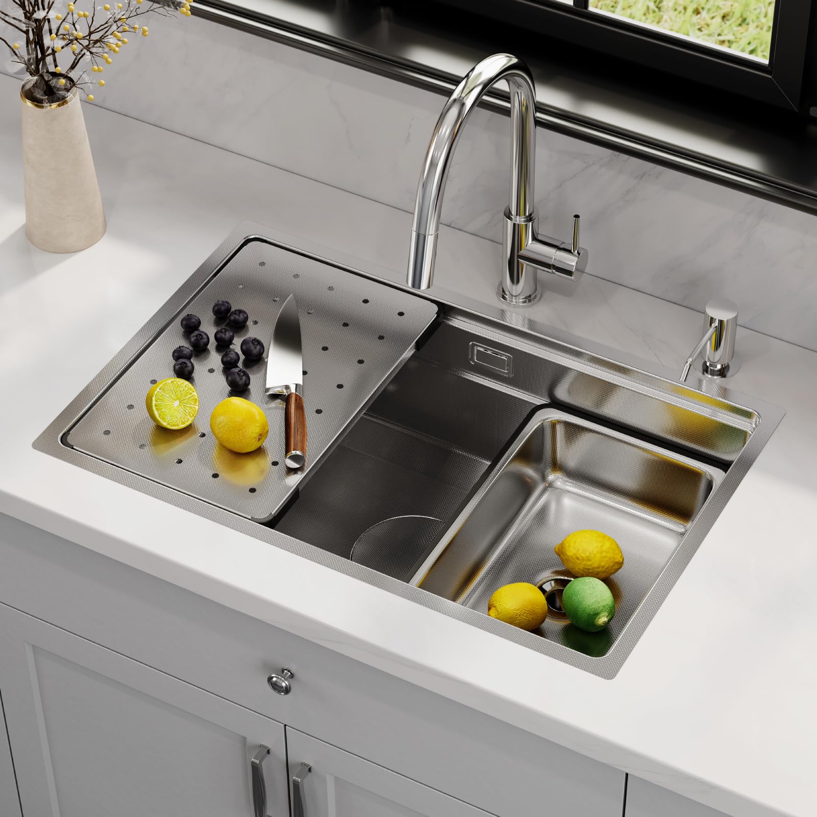 HOROW Spülbecken Edelstahl Multifunktionale 70 × 45 cm mit Siphon Set | Küchenspüle inkl. Schneidebrett und Ersatz-Innenspüle, Großes Fassungsvermögen, ideal für die Familienküche, Schmutzabweisend