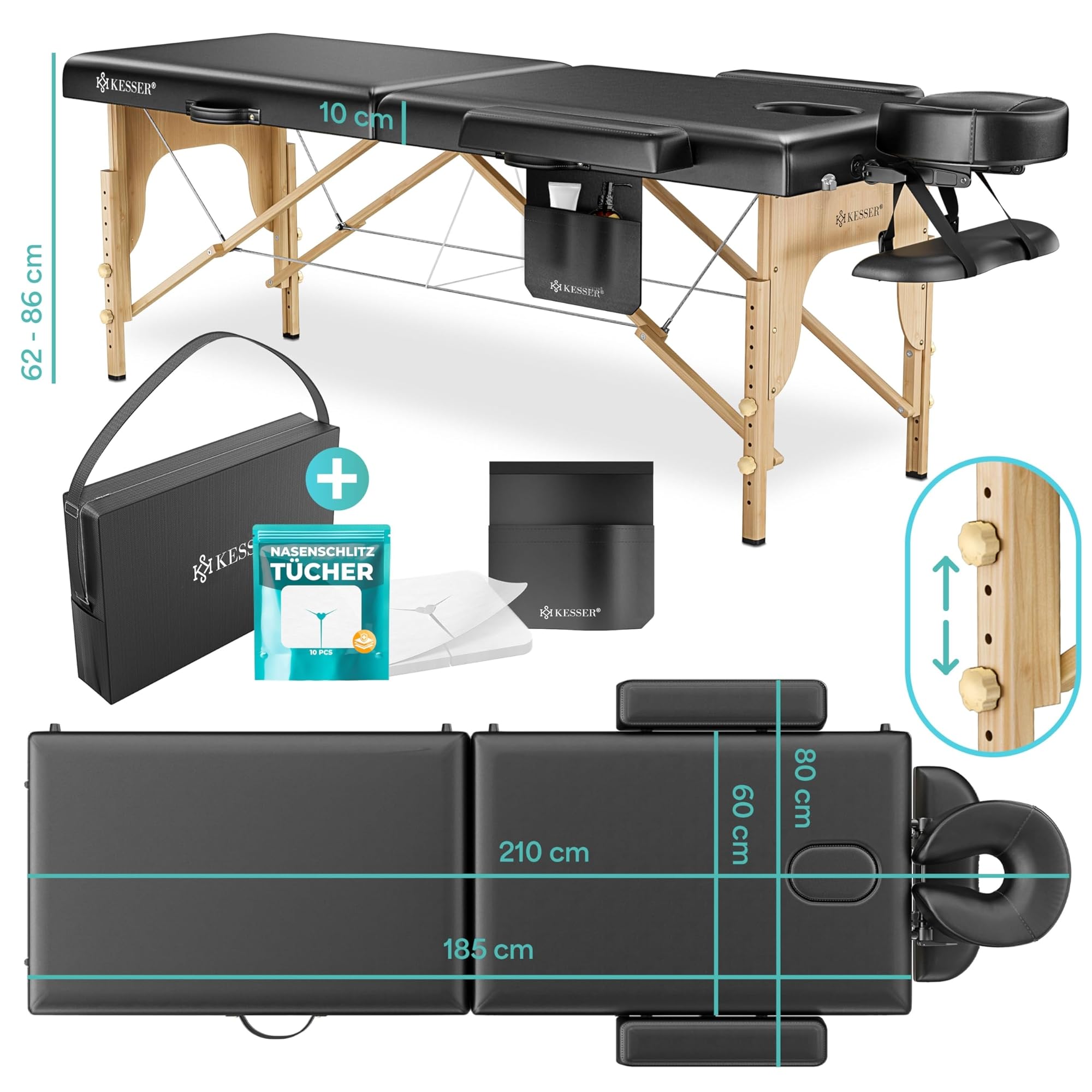 Kesser Table de massage mobile avec pieds en bois pliables et réglables en hauteur (max. 250 kg), 2 zones, large table thérapeutique, appui-tête