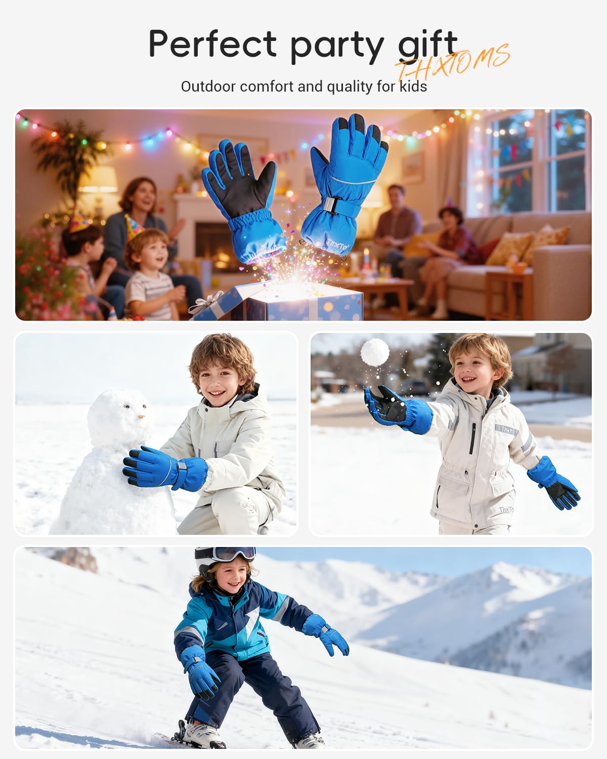 ThxToms Enfants Gants de Ski Hiver | Coupe-Vent, imperméables et Chauds | Gants résistants au Froid épaissis en Tissu Oxford -15℃ | Vélos de Sport d'extérieur | Garçons et Filles de 4 à 13 Ans