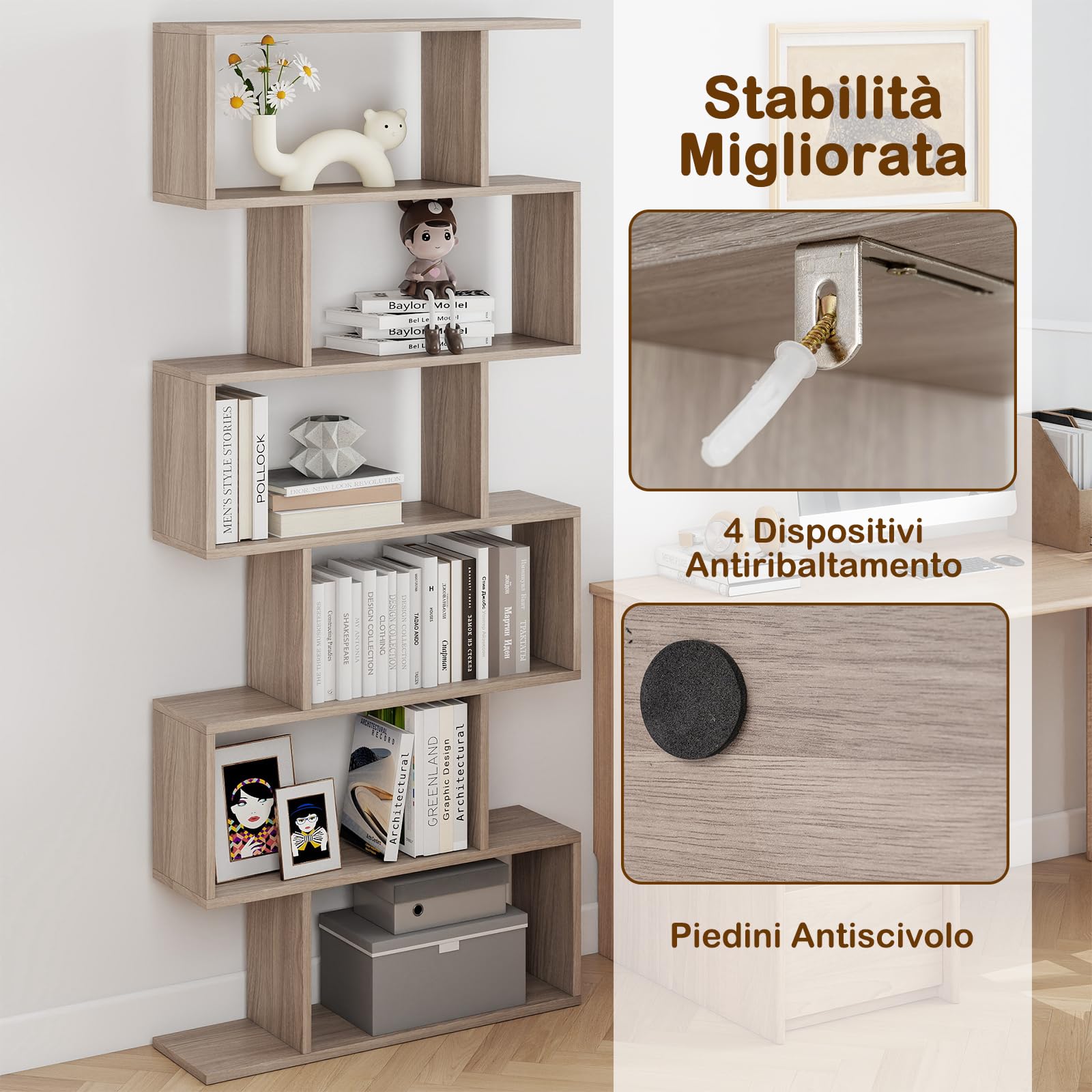 COSTWAY Scaffale a 6 Ripiani, Libreria a Forma di S, Libreria Scaffale da Terra in Legno, Divisorio per Soggiorno, Camera da Letto, Ufficio, 80 x 23 x 192 cm (Quercia)