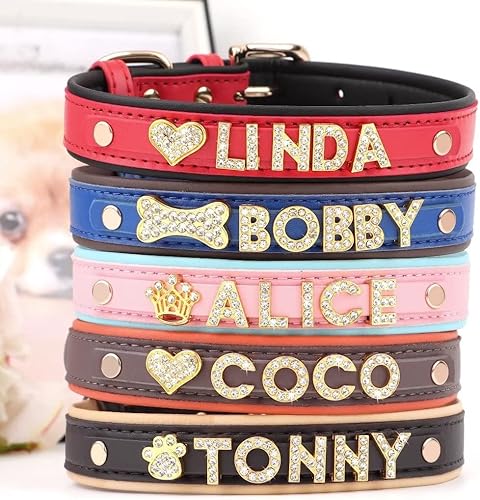 Miniatura 7 de Beirui Collares de perro personalizados con letras brillantes de imitación para nombre de mascotas, collar de perro de piel sintética acolchada