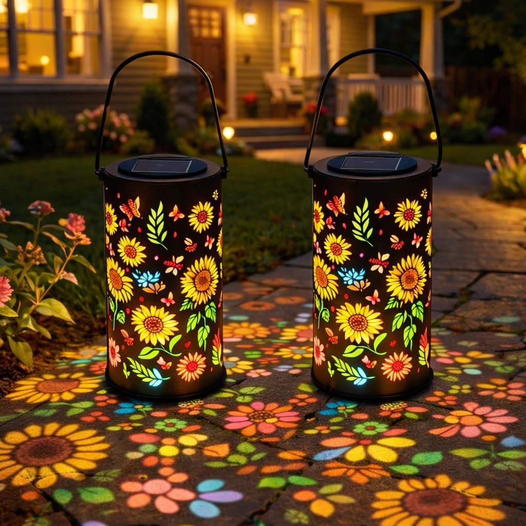 Colorful Sunflower Glow Solar Garden Lantern, Outdoor Waterproof Hanging Solar Light, Metal Solar Powered Garden Decor for Patio, Yard, Pathway, Gifts (2, Color-A)