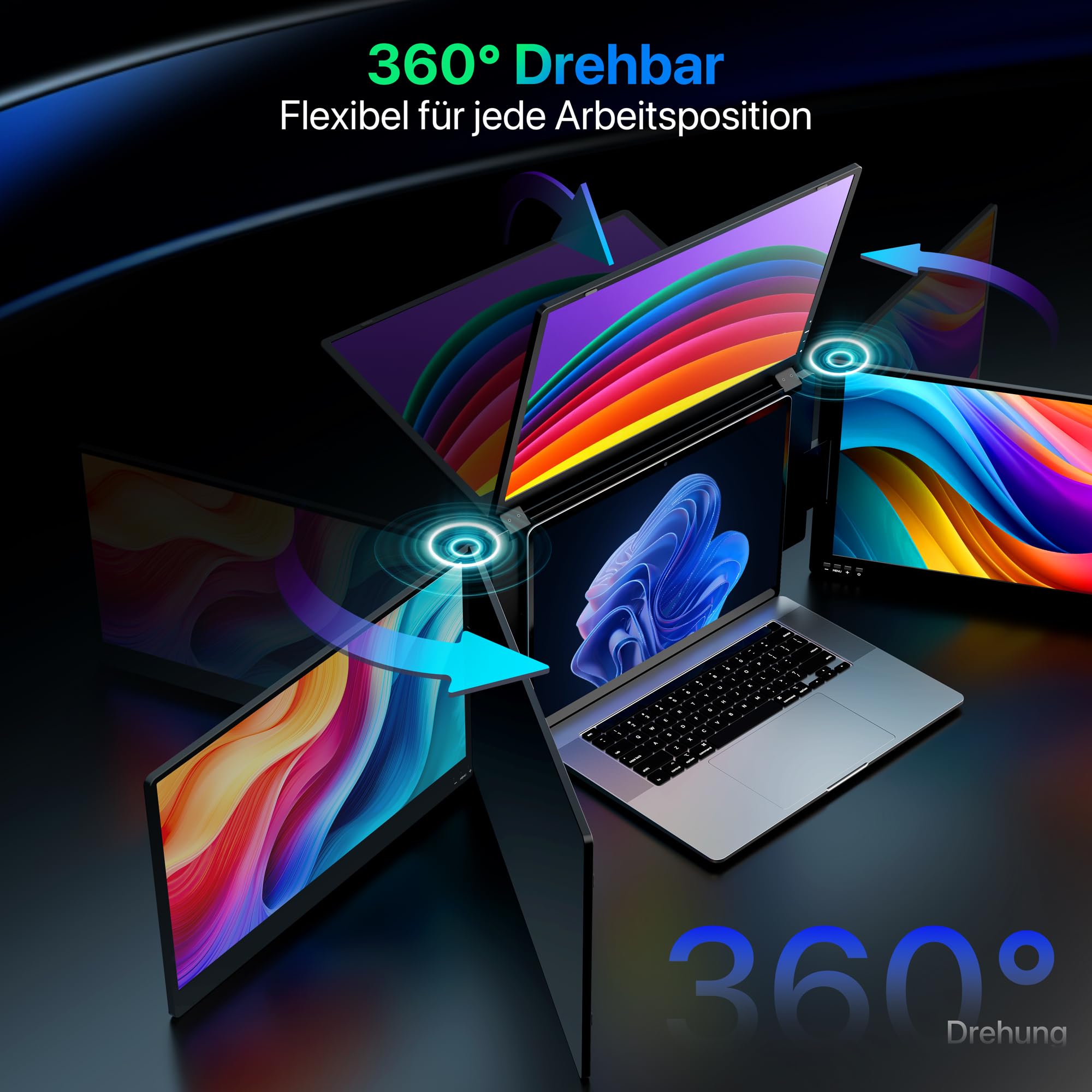 ROADOM 15,6" Triple Laptop Monitor, 1080P FHD IPS, Type-C, Metallgehäuse | 3-Bildschirm-Erweiterung, 1080P FHD IPS, Type-C & USB, 360° Drehbar, Faltbar, Metallgehäuse, Win/Mac/Android