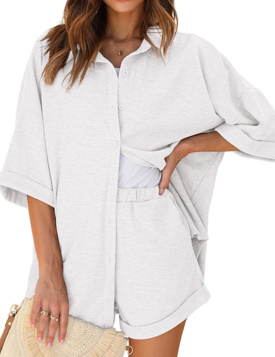 Ekouaer Waffle Knit Lounge Sets for Women Short Sleeve Pajamas Button Down Pjs Oversized Loungewear Shorts Set