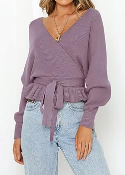 ZCSIA Women's Long Batwing Sleeve Wrap V Neck Belted Waist