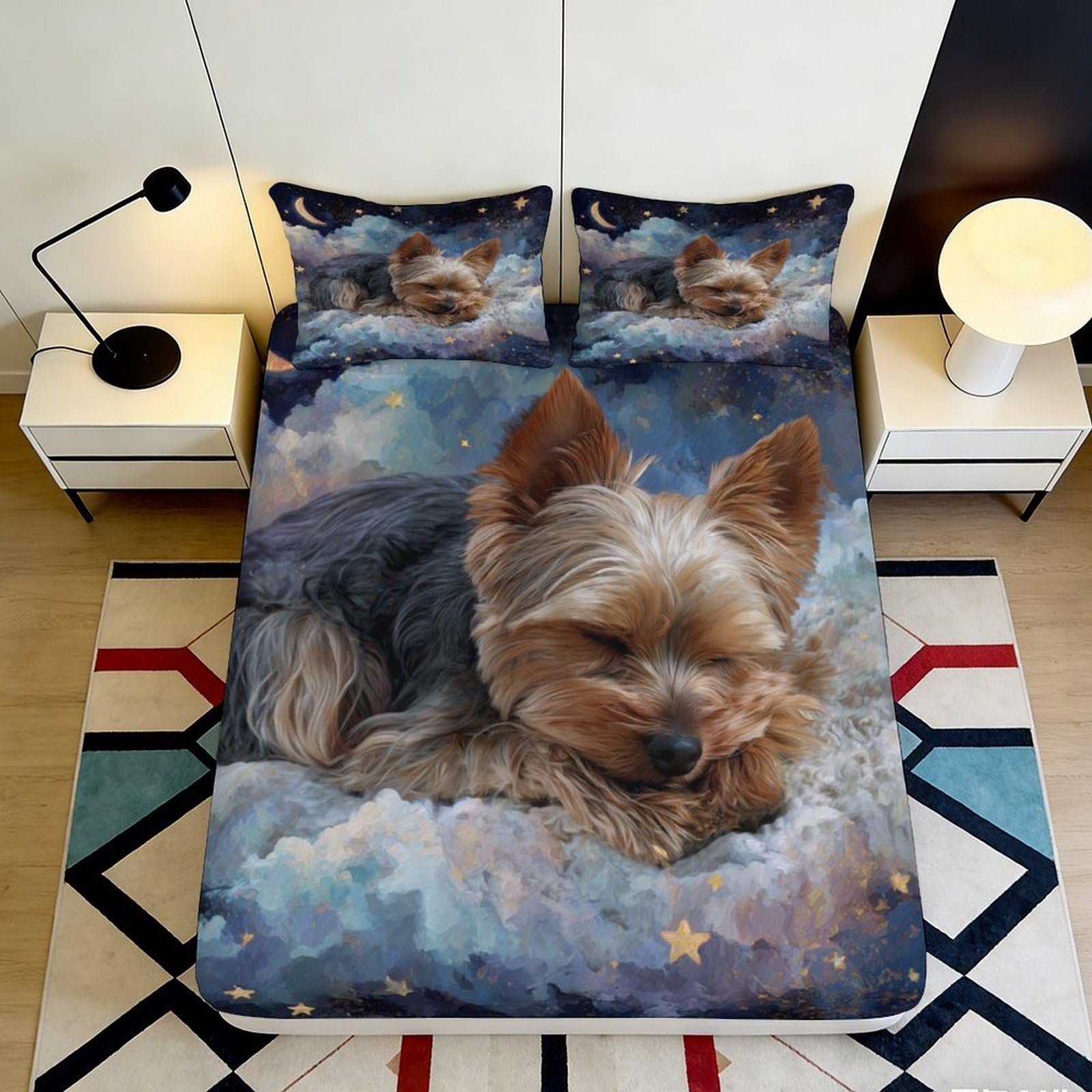 3D Printed Yorkshire Terrier Cloud Fitted Sheet Microfiber Soft Bedroom Decor Starry Sky Mattress Cover 90x200x25cm