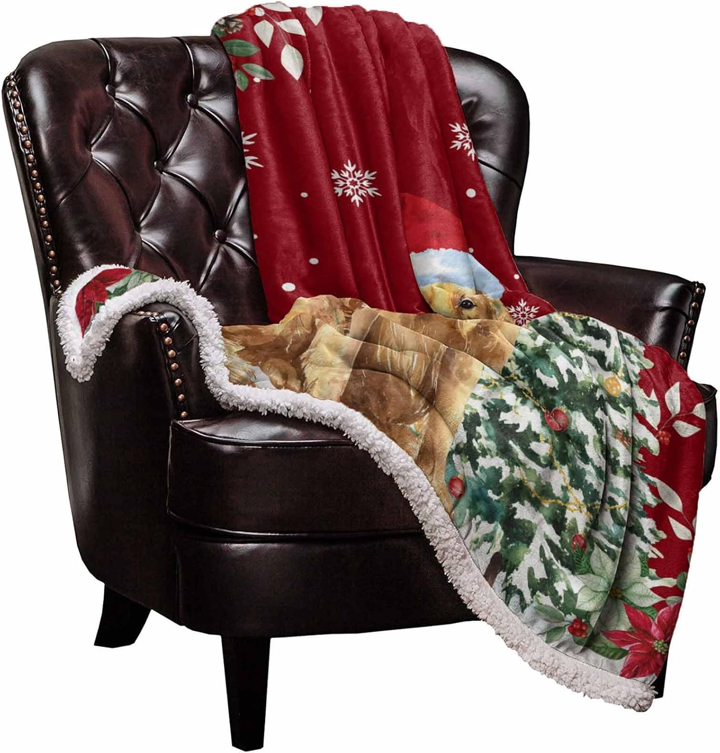 Christmas Santa Dog Sherpa Fleece Blanket, Warm Cozy Plush Flannel Throw Blankets Golden Retriever Pet Snowy Pine Tree Fuzzy Bedroom Throws for Living Room,Travel,Camping Snowflake on Red 40"x50"