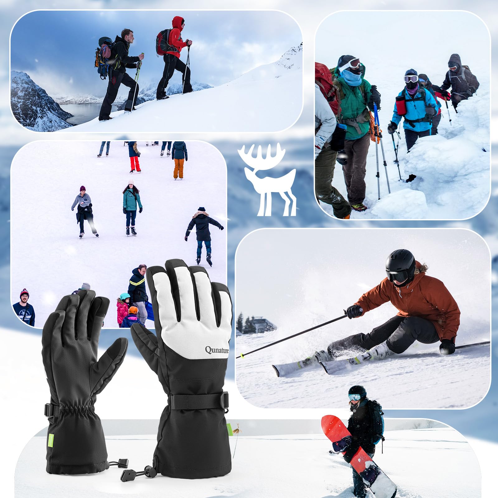 Gants Ski Hiver Homme Femme Thermique Gants Neige Coupe-Vent Étanche Écran Tactile Antidérapant Poignet Allongé Poche Chaud Polaire Épais Respirant Snowboard Patinage Noir Blanc Gris XS-XL