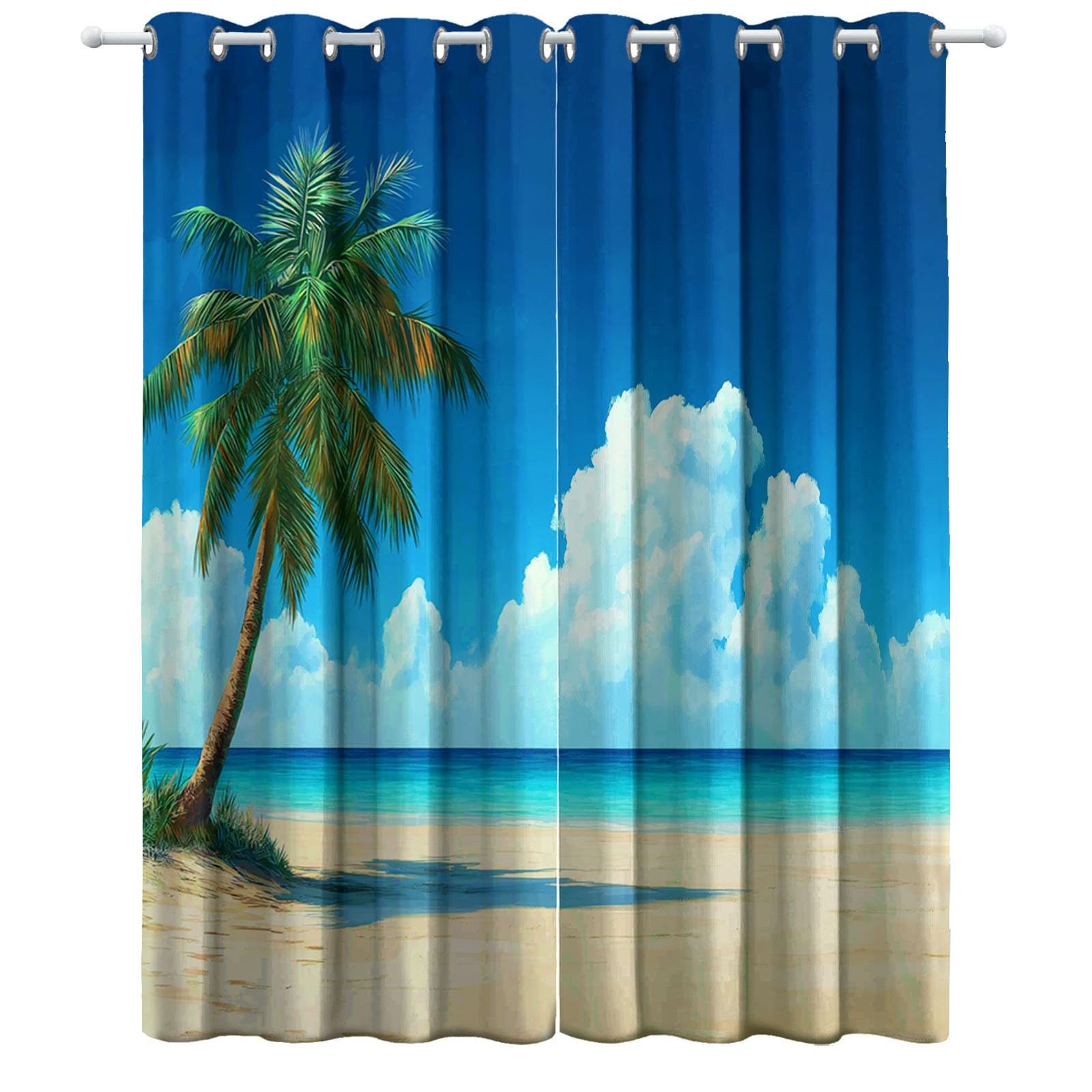 Générique Rideau Occultant Plage Palmiers Ciel Nuages, Rideaux Isolant Thermiques et Phonique - Draperies Oeillets Anti Froid Jaune pour Salon Chambre Fenêtre Décoration 110L x 215H cm 2 Panneaux