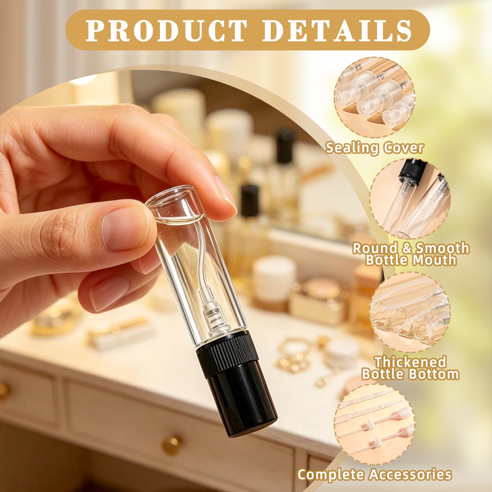 24 sztuki szklanych rozpylaczy do perfum – 2/3/5/10 ml, mini butelka z rozpylaczem, z pipetami i głowicą dociskową, przenośny, mały, przezroczysty atomizer do perfum (czarny/biały)