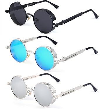 Steampunk Sunglasses for Men Women, Round Vintage Polarized, Retro Metal Frame UV Protection Hipster Driving Glasses