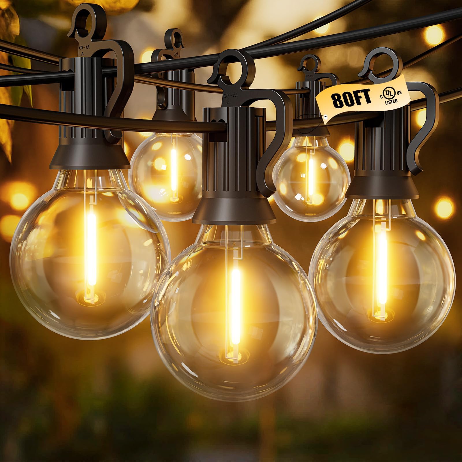 Brightown Outdoor String Lights, 80FT 40+2 G40 Bulbs Shatterproof Patio Lights, IP65 Waterproof Dimmable Hanging Connectable Globe LED Outdoor Lights for Backyard, Bistro, Porch, Deck, Balcony