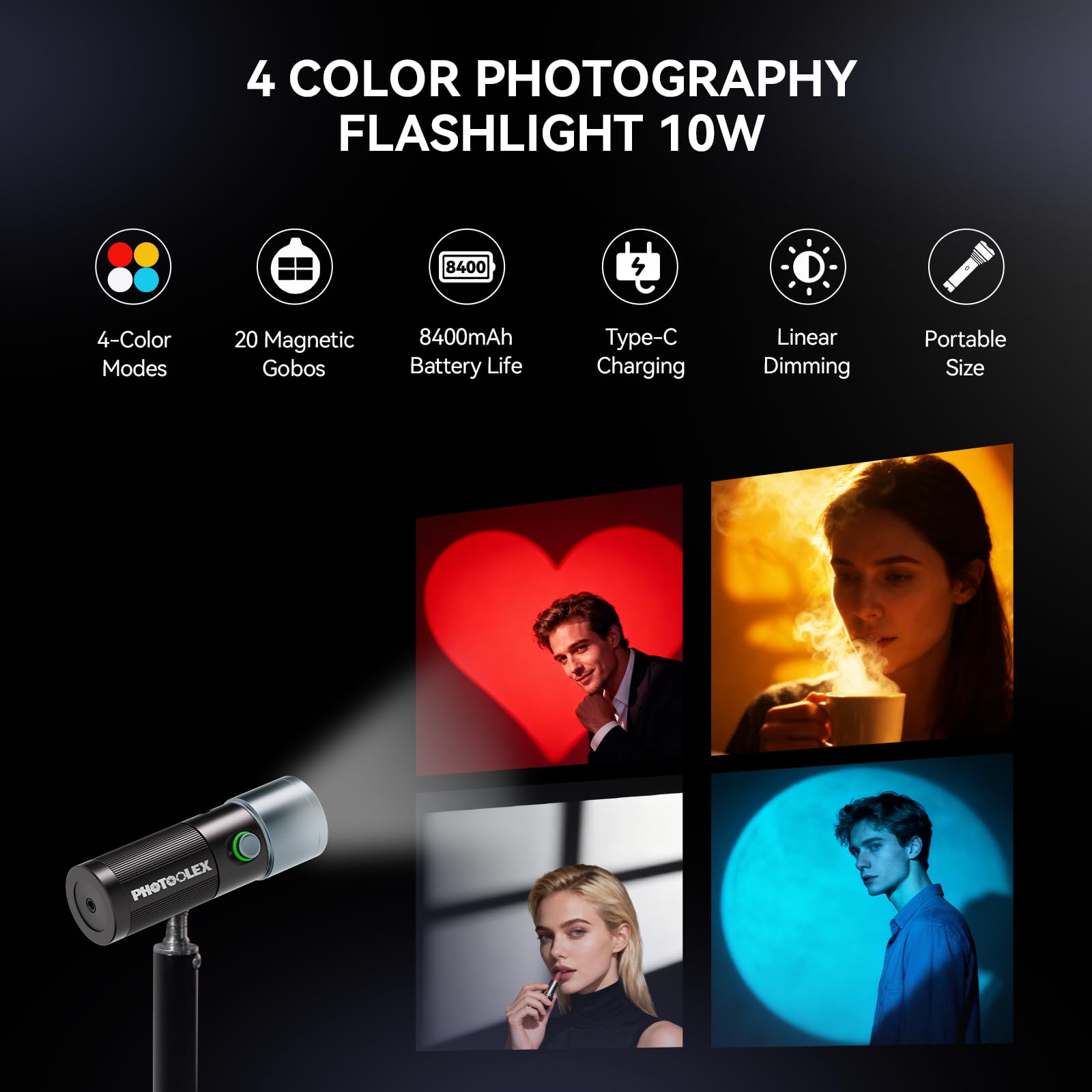 PHOTOOLEX Linterna de Fotografía LED, Luz Ambiental Estampada de Aleación de Aluminio de 8400mAh, luz de Relleno de 4 Colores con 20 gobos de patrón magnético, 10W luz de Estudio para Fotos, Videos