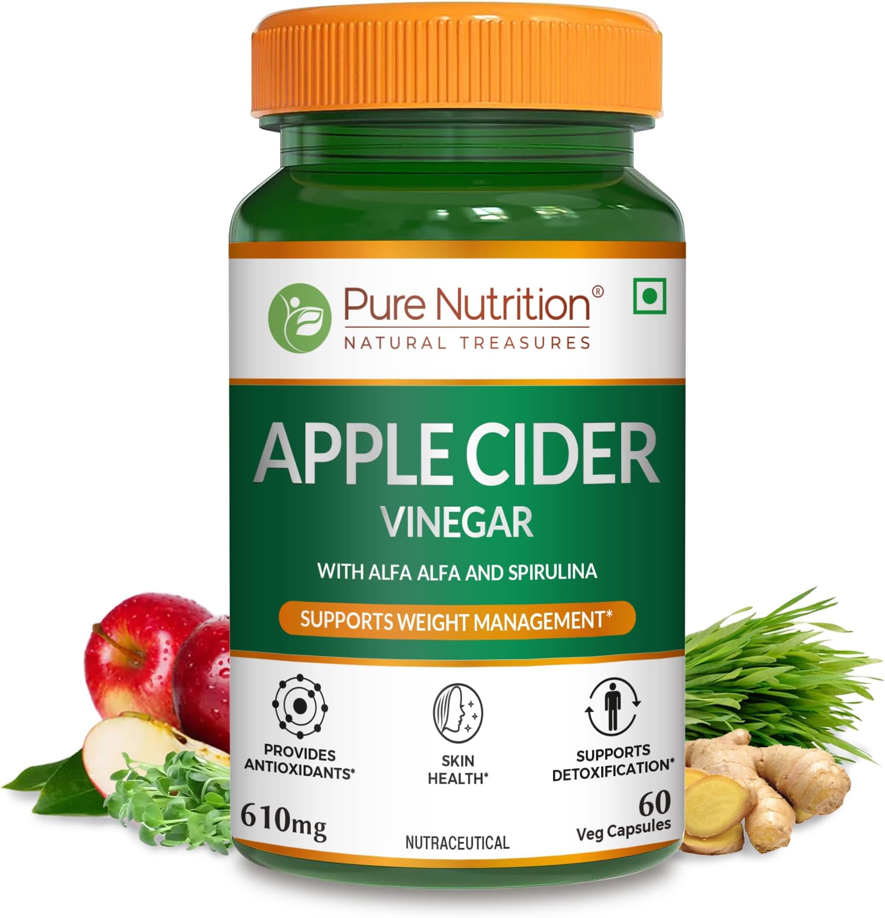 Pure Nutrition Apple Cider Vinegar with Wheat Grass & Spirulina for Enhanced Wellness | Rich in Antioxidants | Supports Weight Management, Detoxification & Immunity - 60 Veg Capsules