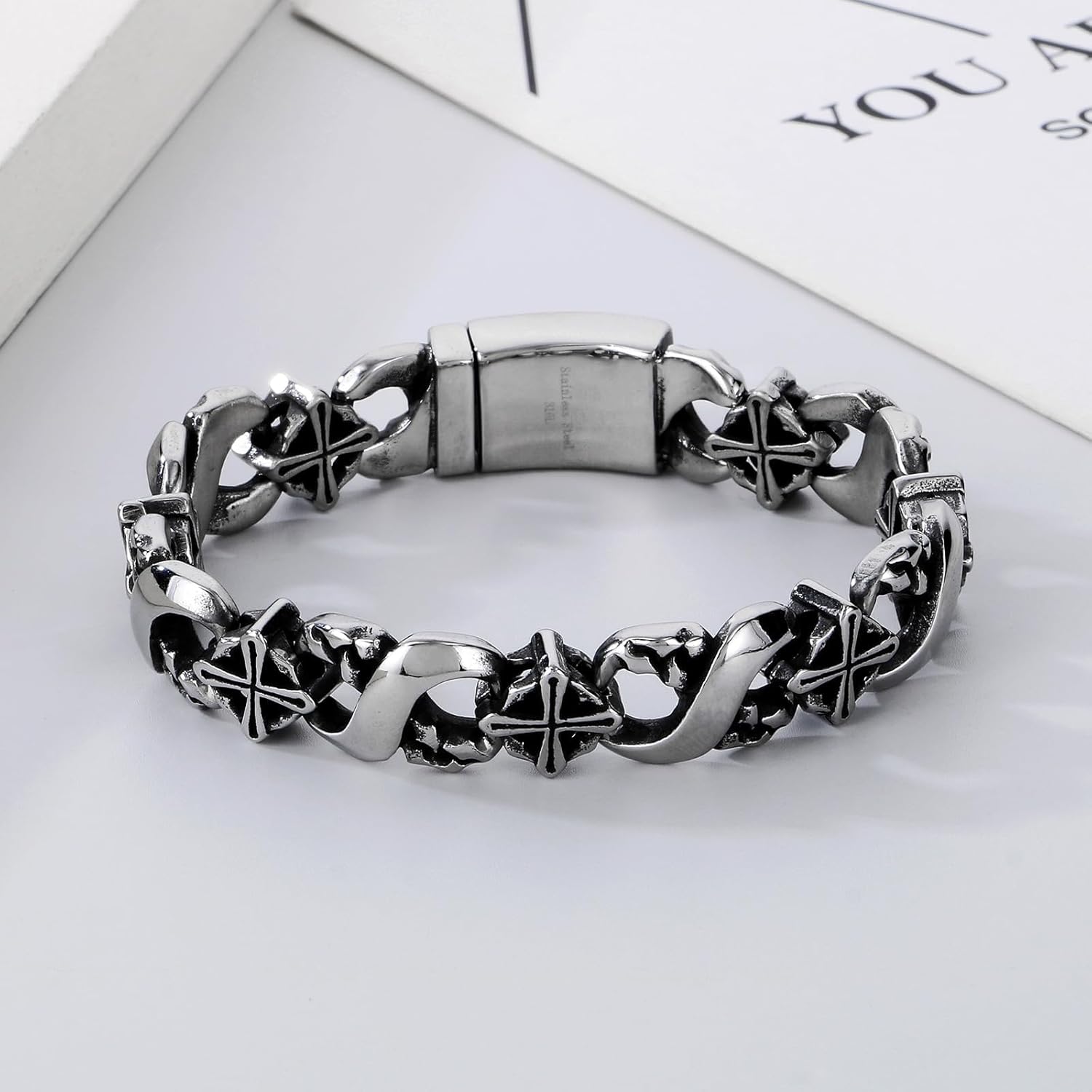 Men's 316 Stainless Steel Cross Link Bracelet Infinite Loop and Lucky 8 Symbolism Vintage Gothic Chain Bangle - Image 8