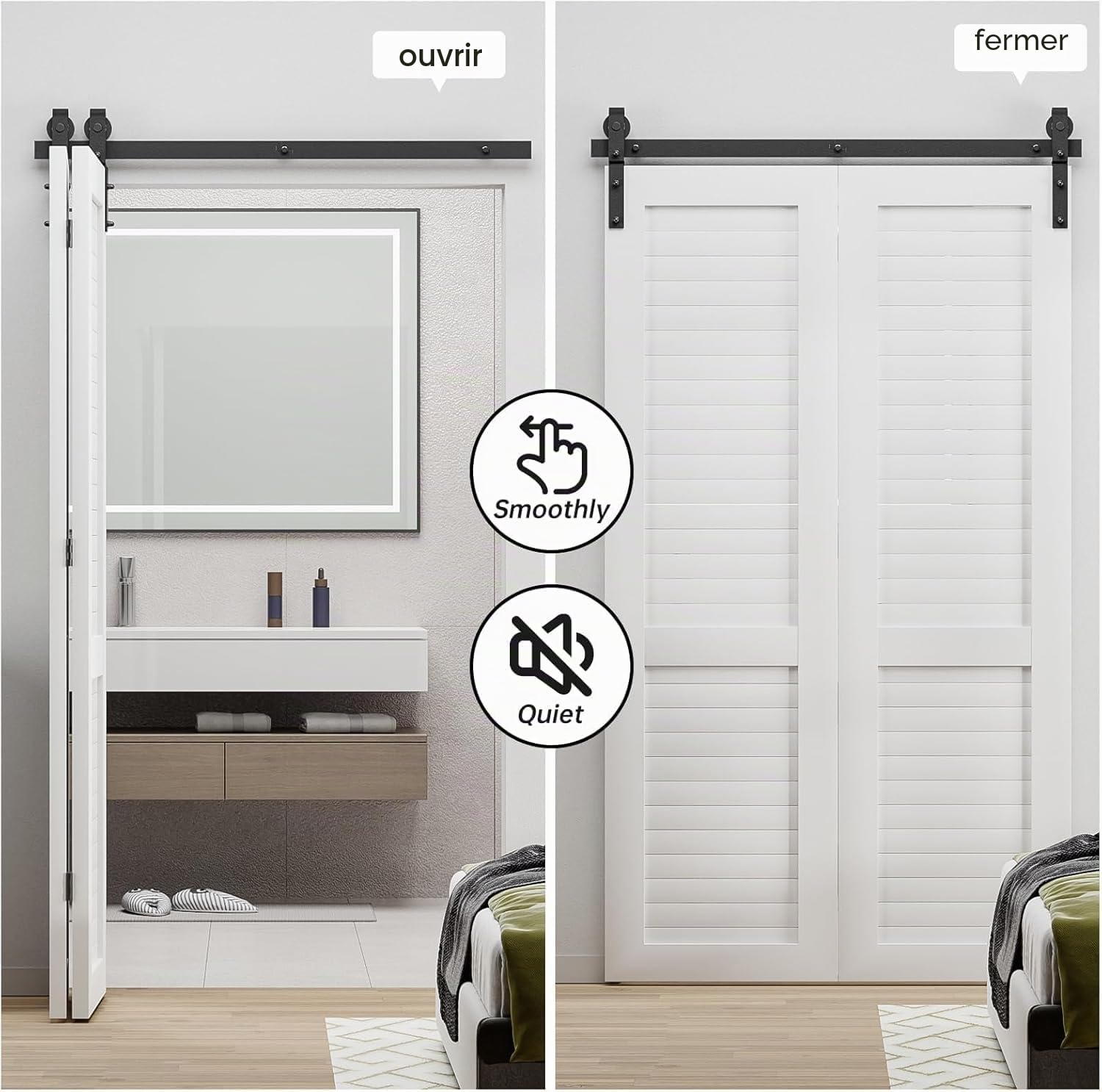 W&H Kit complet de ferrures de porte coulissante pour 2 portes - Noir - 100 m - Peu encombrant - Rail de porte pliante (sans porte)