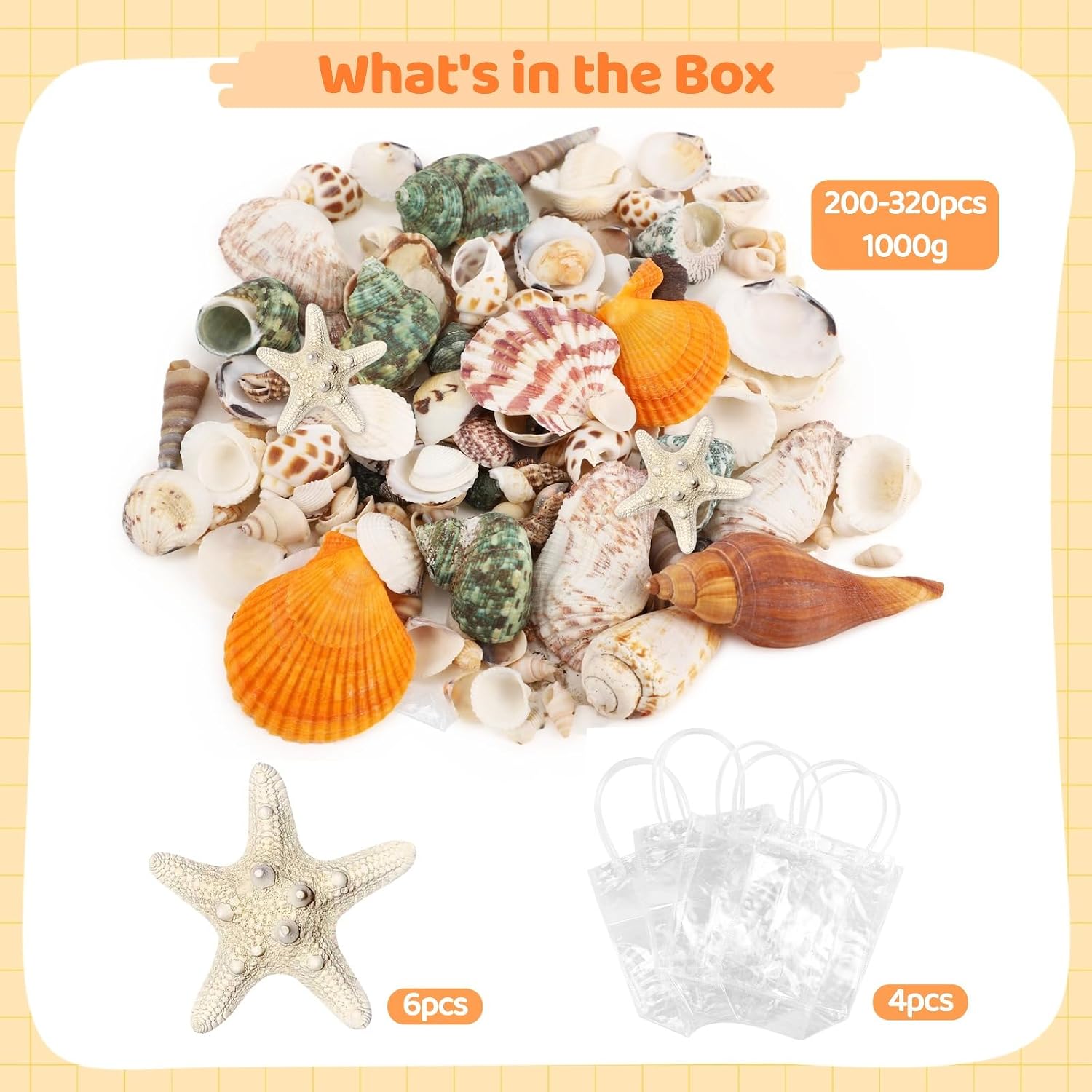 1000 G Natural Seashells Mixed, 200-320 Pcs for Crafting, Includes Starfish, DIY Craft Projects, Home Decor and Fish Tank Decorations, Various Sizes Shells