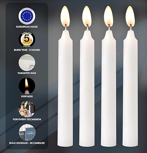 Miniatura 3 de Hyoola Velas cónicas  Vela blanca sin goteo de 6 pulgadas, sin perfume, paquete de 36 velas hechas en Europa de 5 horas de tiempo de combustión