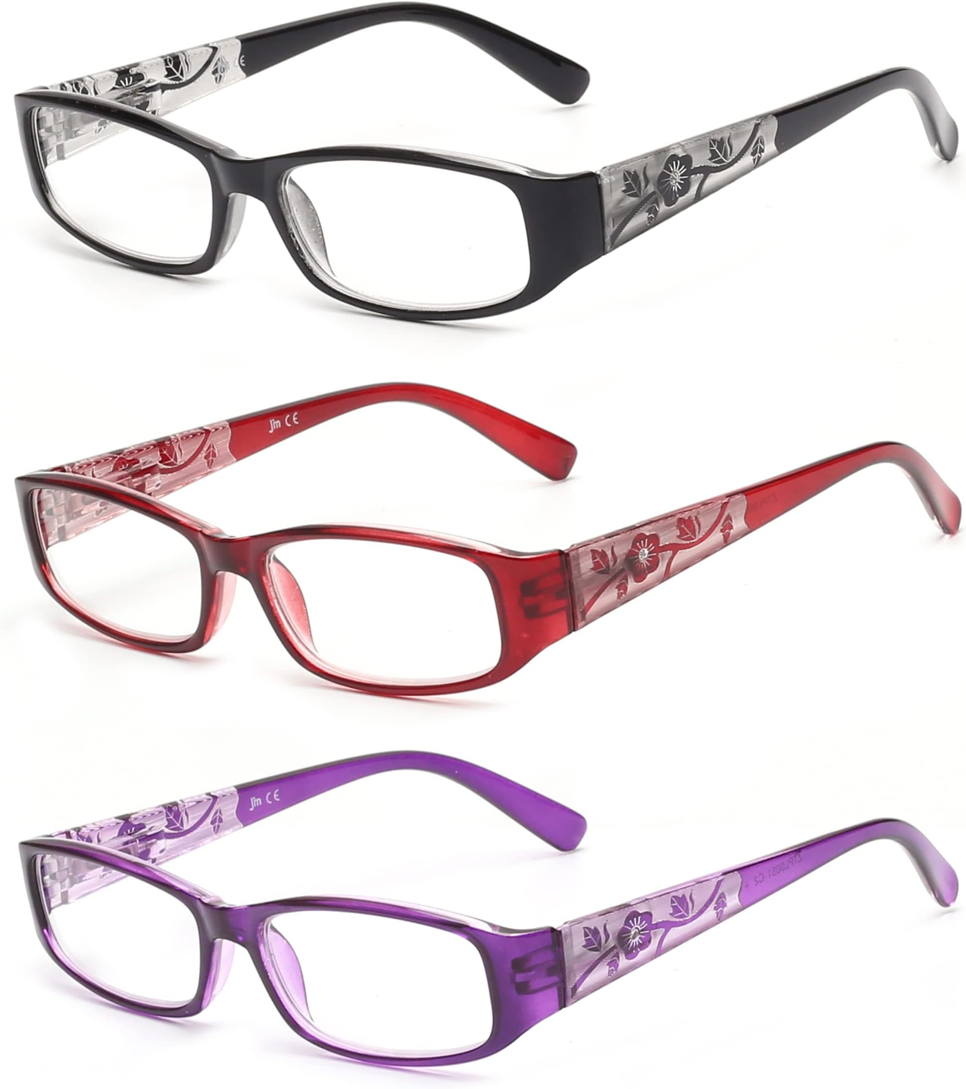 JM 3 Pack Ladies Reading Glasses Vintage Floral Print Rectangular Readers for Women