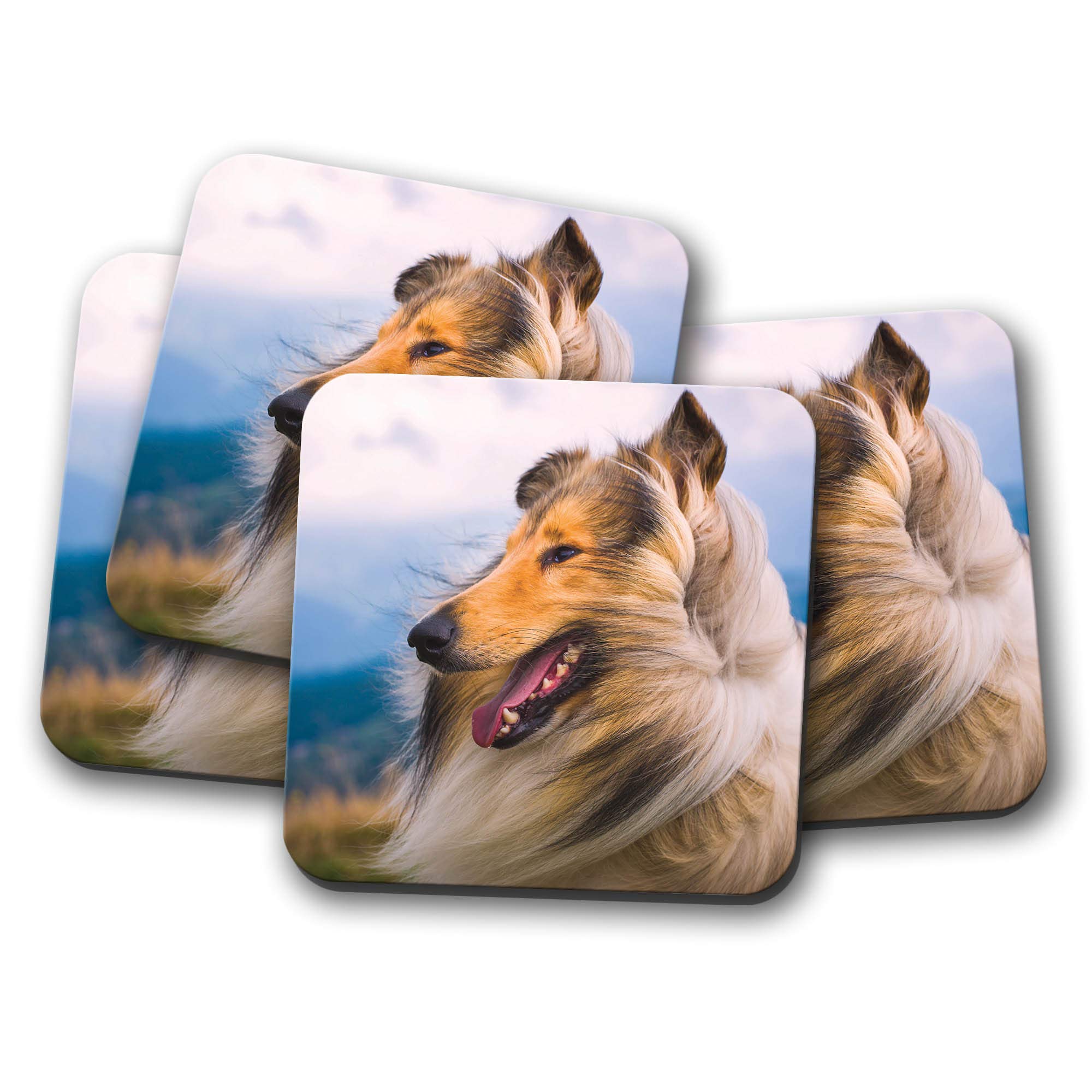 Destinationvinyl Multicolor 4 Set - Beautiful Rough Collie Coaster - Sheep Dog Puppy Farm #8615