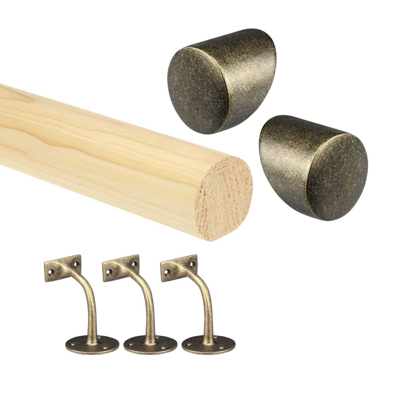 Pine Round Mopstick Handrail Kit with Wall Brackets & End Caps – 1200–4200mm, Chrome/Black/Nickel/Brass (Antique Brass, 2400mm)