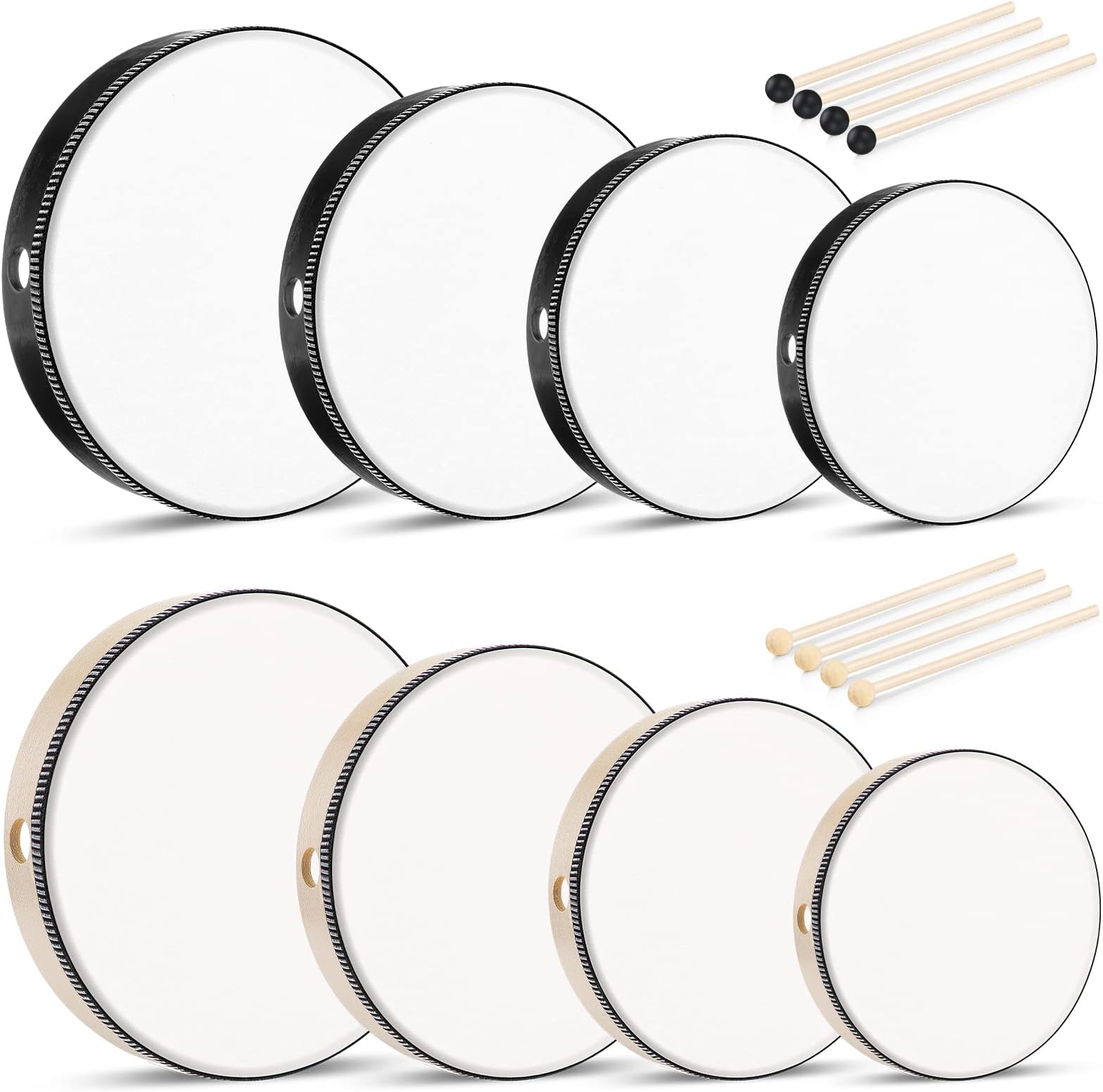 Konohan 8 Pieces Kids Hand Drums Wooden Frame Drum with Percussion Stick, 12 Inch 10 Inch 8" 6" Educational Musical Instruments for Adults Beginners for School Party Supplies, 2 Colors(Cute Color)
